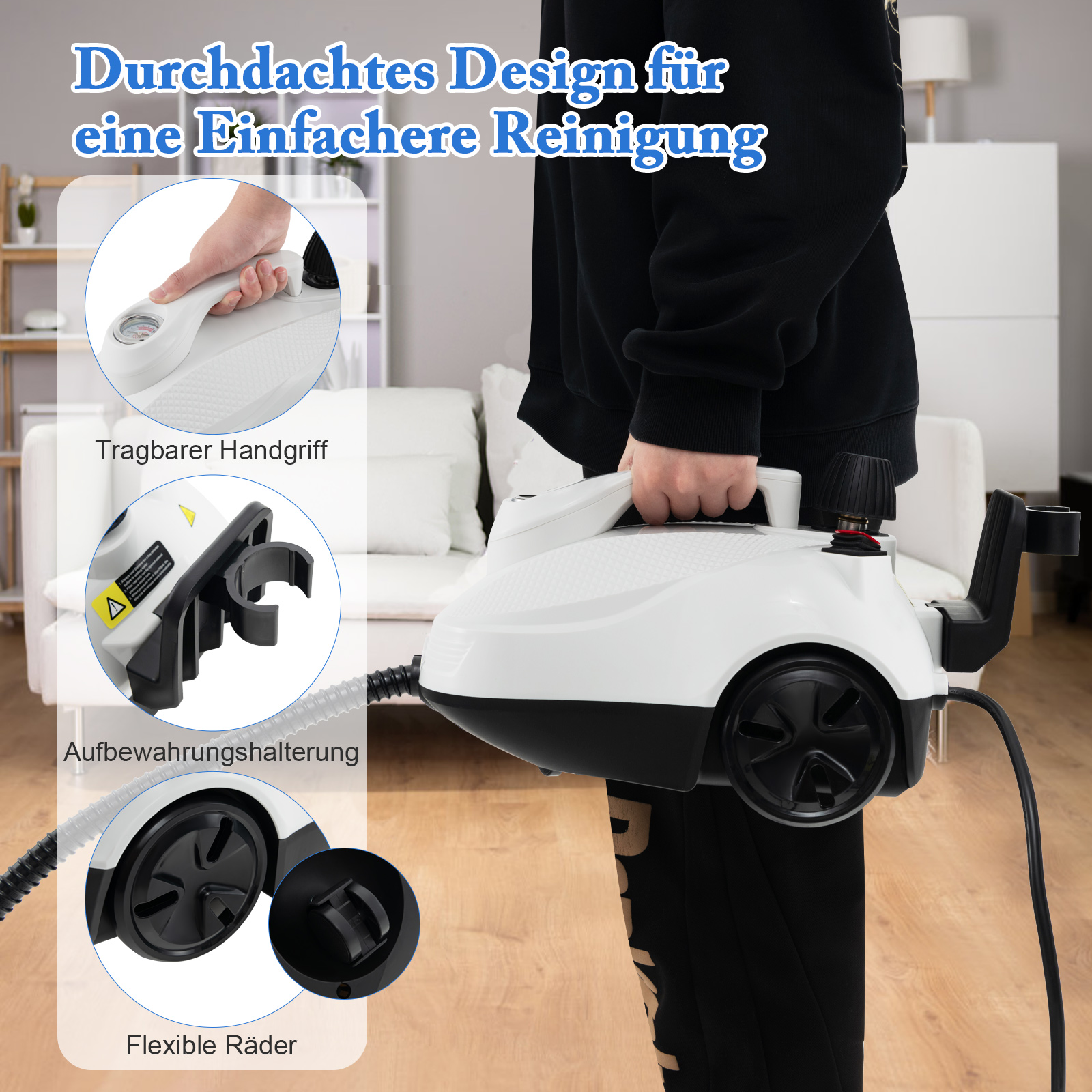 Eine Person hält einen weißen und schwarzen Dampfreiniger. Details des Reinigers werden hervorgehoben.