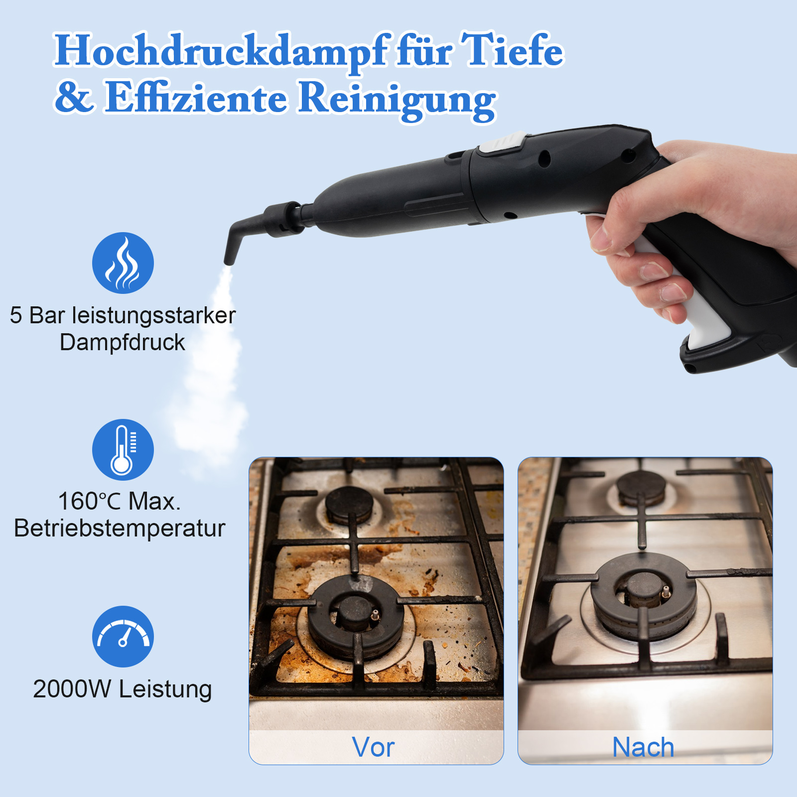 Eine Hand verwendet einen Dampfreiniger auf einem Kochfeld. Text zeigt die Vorteile des Reinigers.