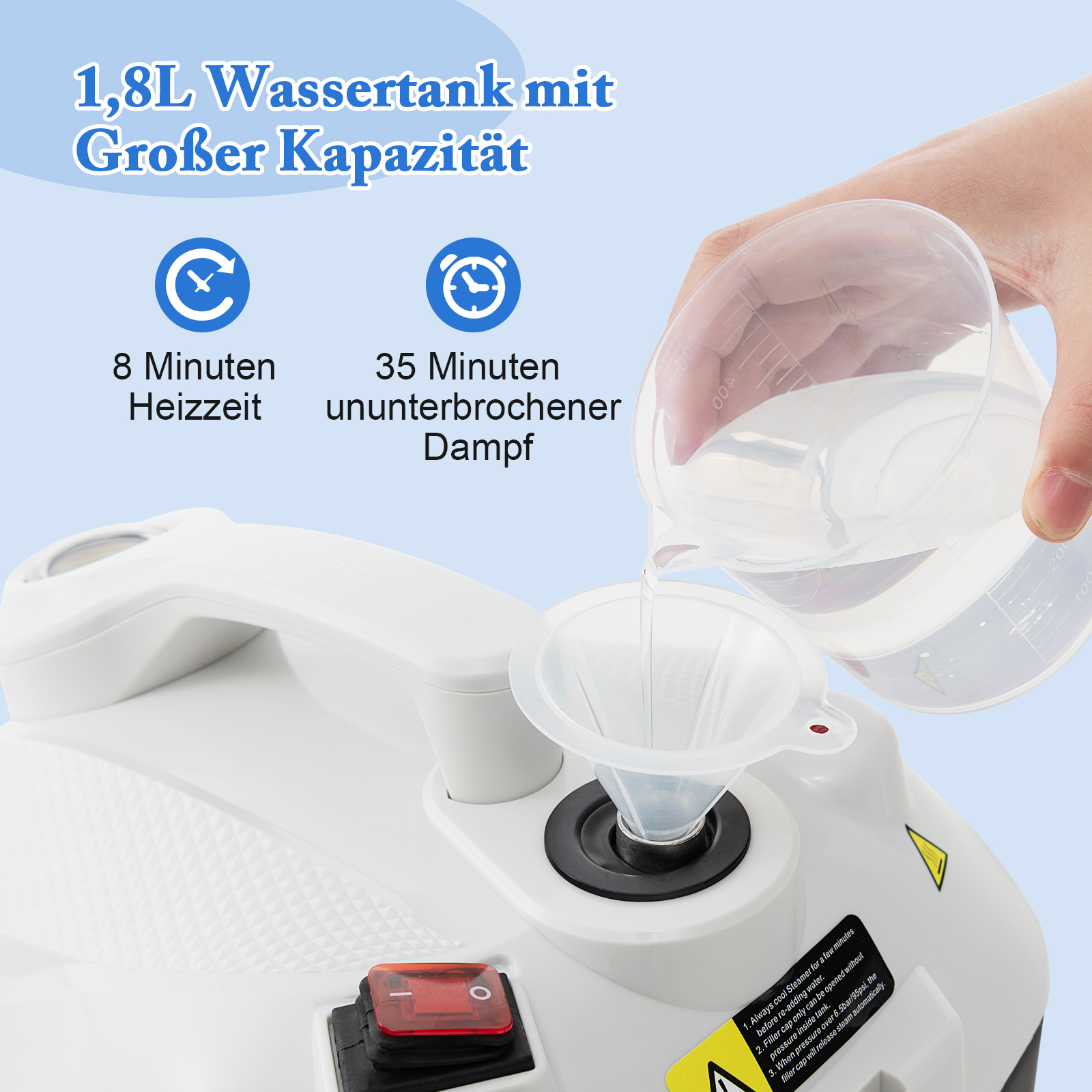 Eine Person gießt Wasser in einen kleinen Trichter. Das Gerät hat deutsche Texte.