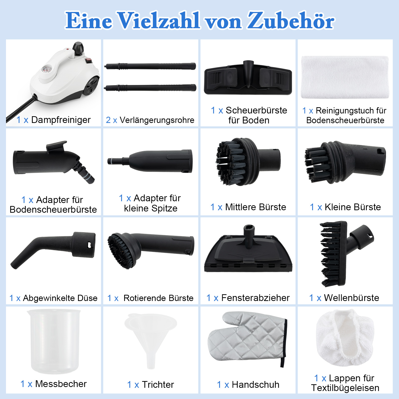 Dampfreiniger mit Zubehör: Bürsten, Verlängerungen, usw. auf weißem Untergrund dargestellt.