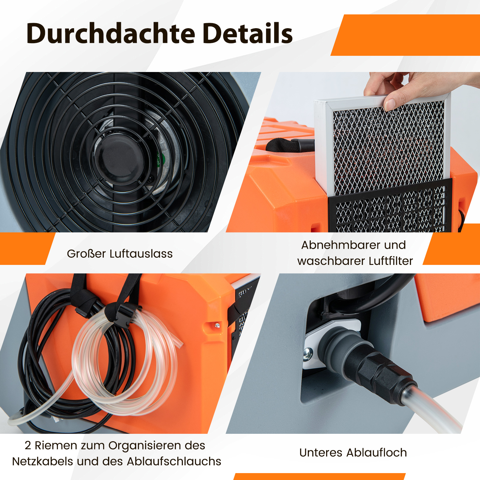 Nahaufnahmen eines orangefarbenen und grauen Geräts mit Details wie Lüfter, Filter, Kabeln und Auslass.