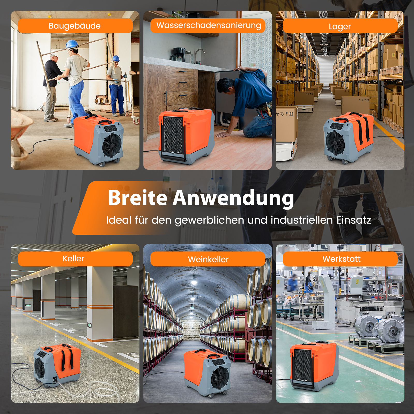 Mehrere Bilder, die ein tragbares Heizgerät in verschiedenen Umgebungen zeigen: Baustelle, Lager usw.