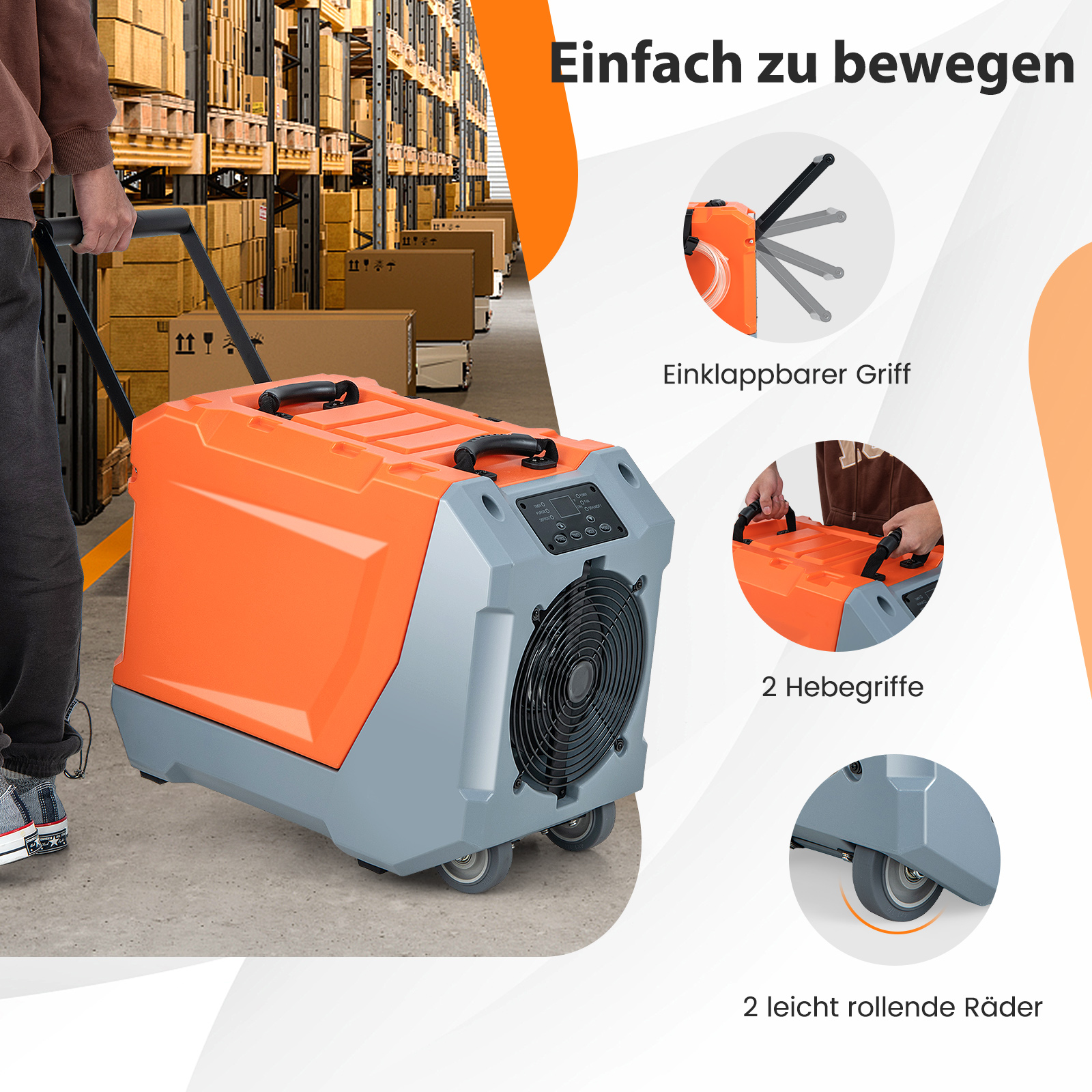 Orange-graues Gerät mit Rädern, das von einer Person gezogen wird.