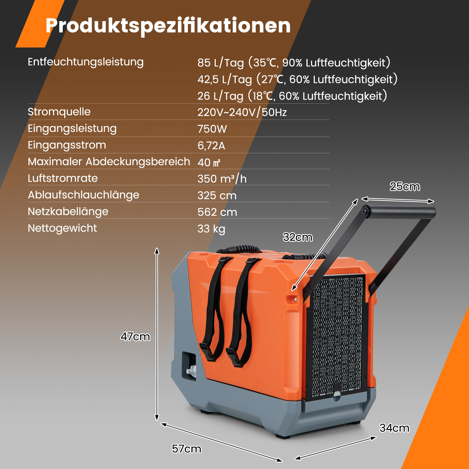 Ein Luftentfeuchter mit Spezifikationen: 85 L/Tag, 750W, 220-240V. Orange und grau.