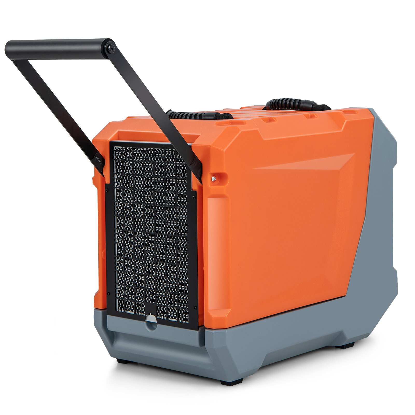 Orangegrau tragbarer Luftkühler mit Griff und Metallgitter an der Vorderseite.