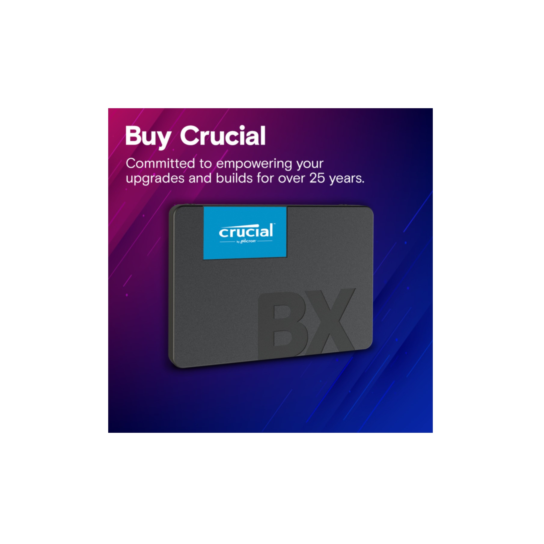 Dysk SSD z niebieskim logo i tekstem 'Buy Crucial'. Tło jest fioletowo-niebieskie.