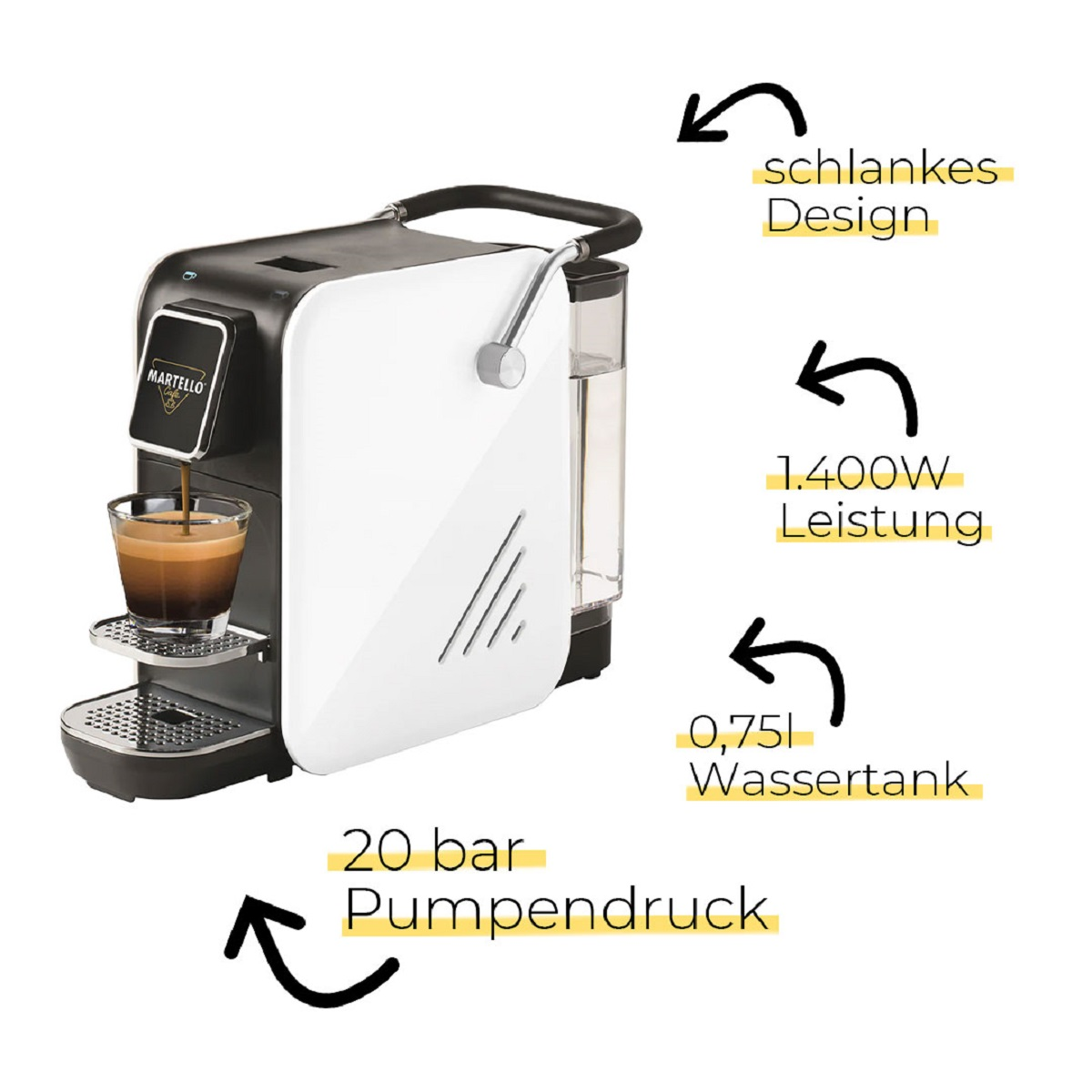 Schwarz-weiße Kaffeemaschine. Merkmale: schlankes Design, 1400W Leistung, 0,75L Tank, 20 bar Pumpendruck.