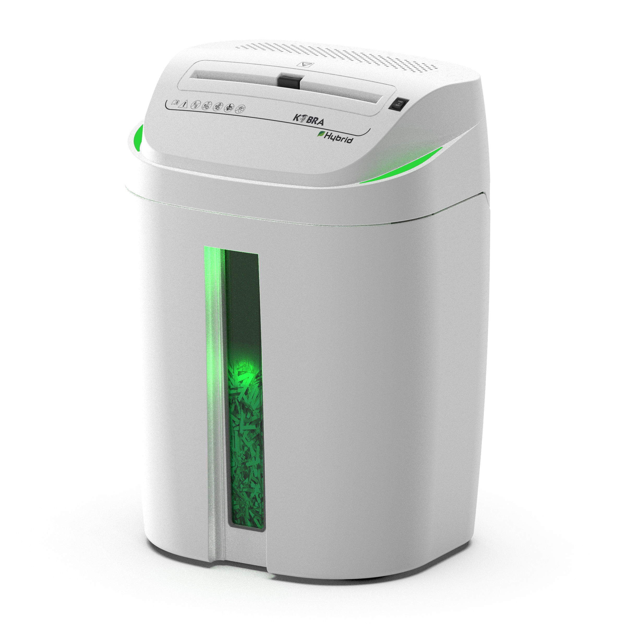 Un tritacarte bianco con una camera illuminata di verde che mostra carta sminuzzata.