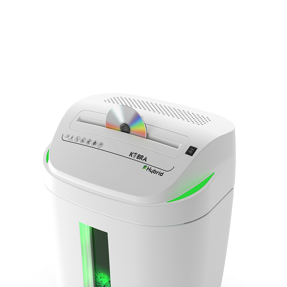 Un tritacarte KOBRA bianco con un CD inserito, luci verdi e la parola 'Hybrid' sul davanti.