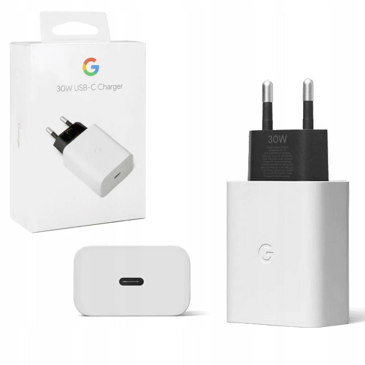 Cargador USB-C Google 30W blanco con el cargador y su caja.