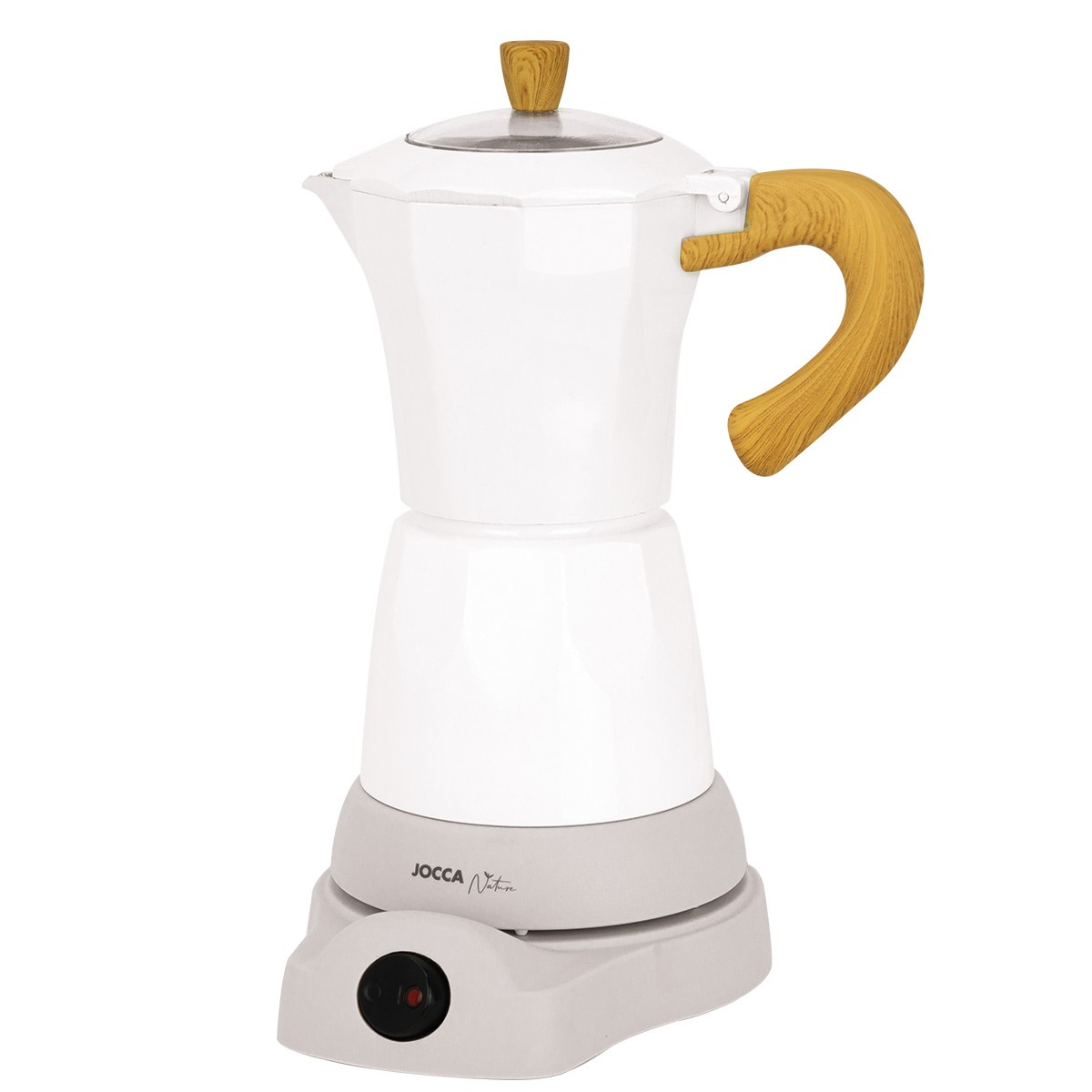 Ein weißer elektrischer Kaffeebereiter mit Holzgriff. Er steht auf einem grauen Sockel mit einem Einschaltknopf.