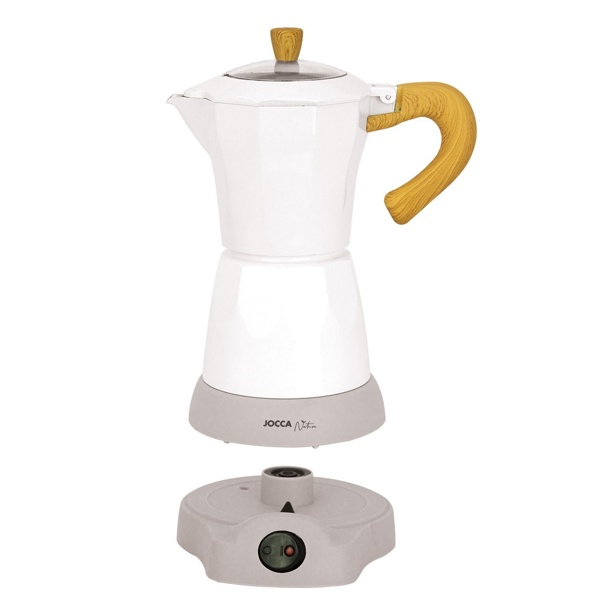 Ein weißer und grauer Kaffeebereiter ist zerlegt. Er steht auf einer grauen kreisförmigen Basis.