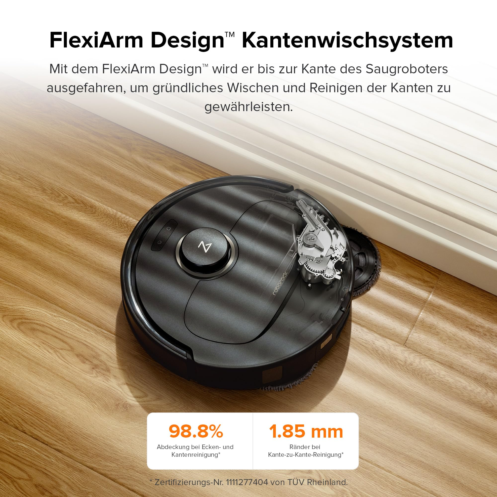 Schwarzer Roboter-Staubsauger reinigt Holzboden. Text: FlexiArm Design, Kantenwischsystem.