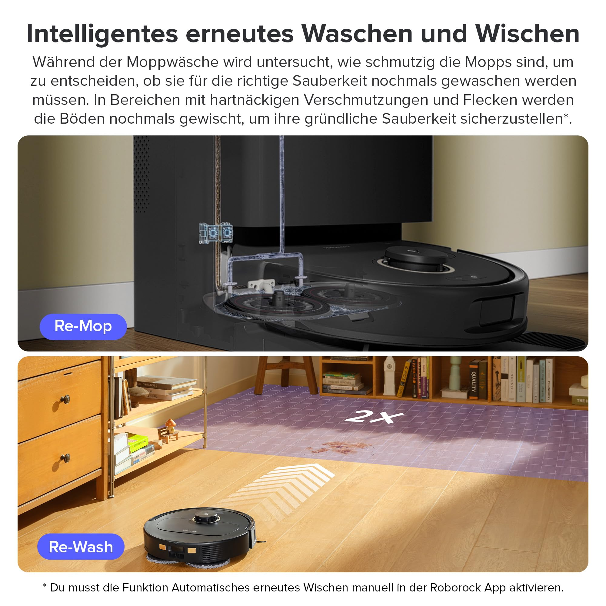 Ein Roboter-Staubsauger reinigt, mit einem Diagramm, das zeigt, wie er den Boden reinigt und wischt.