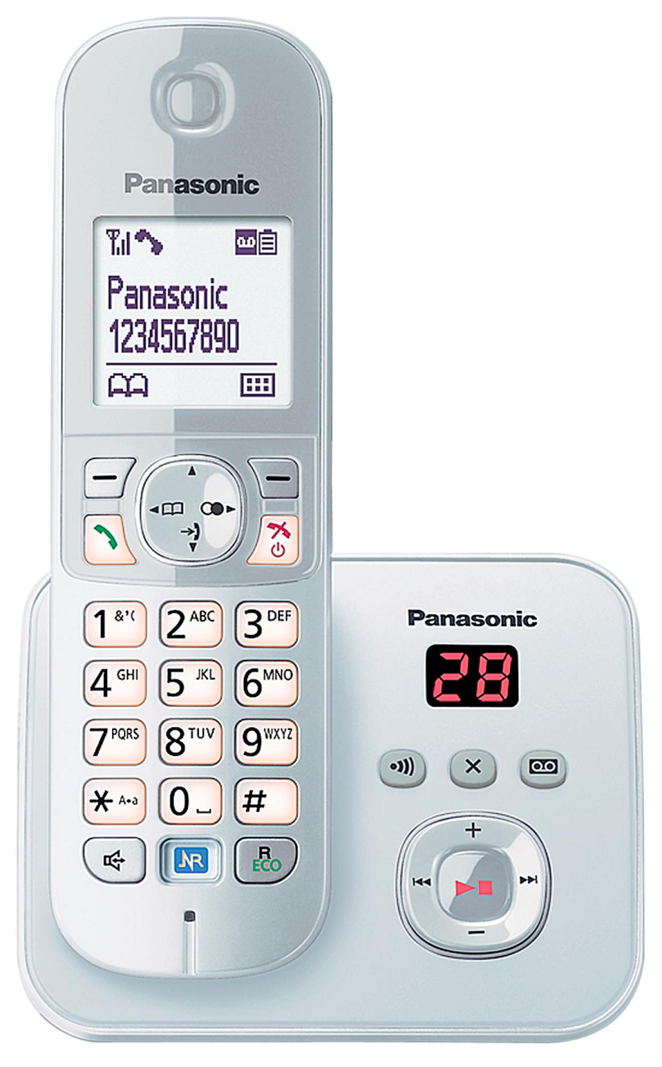 Biały i srebrny telefon bezprzewodowy Panasonic z wyświetlaczem pokazującym numery i stacją bazową.