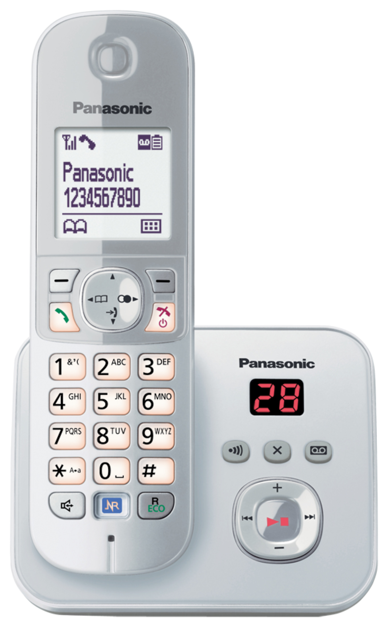 Telefon bezprzewodowy Panasonic z wyświetlaczem i przyciskami. Stacja bazowa z wyświetlaczem. Biały kolor.