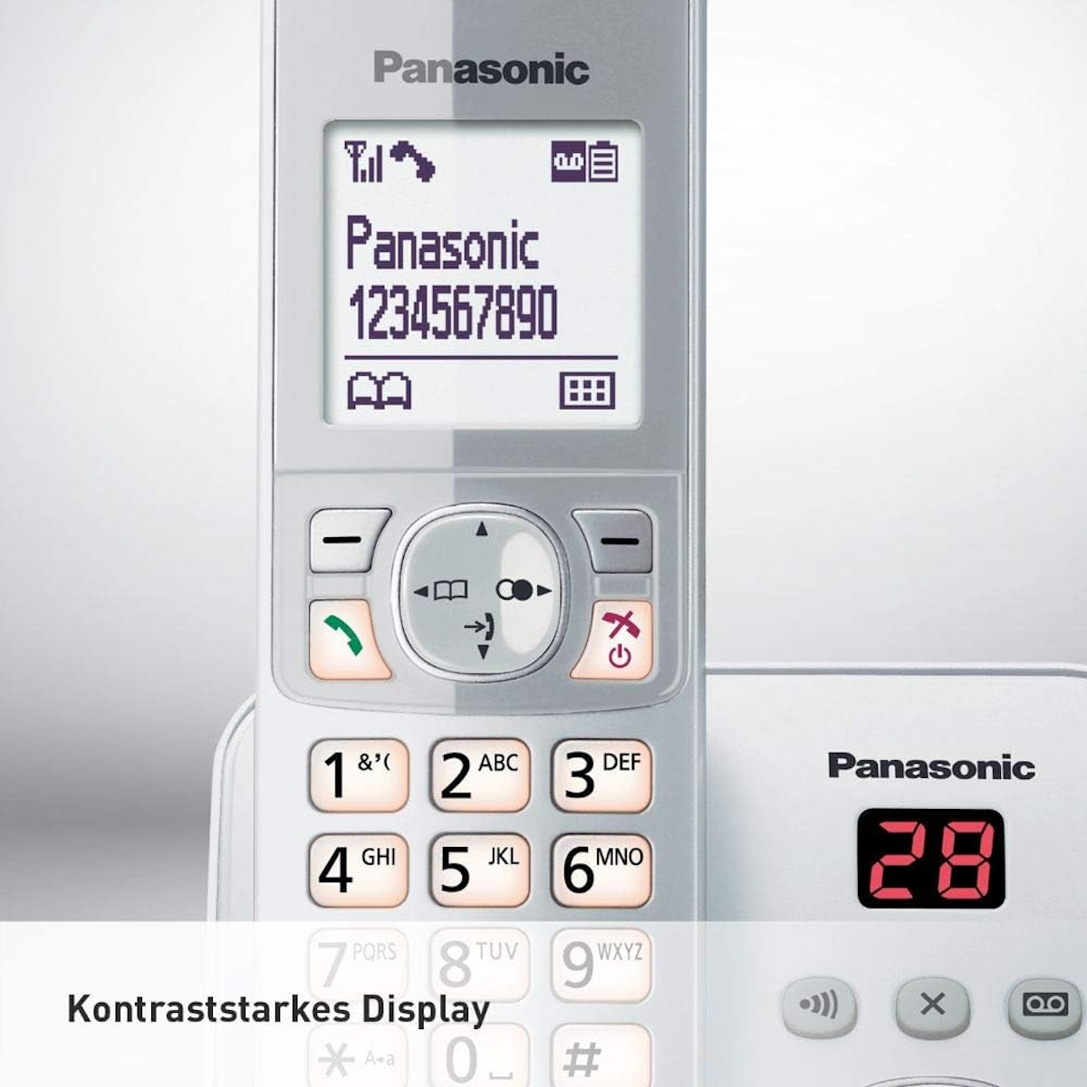 Biały telefon Panasonic wyświetla numer i ikony. Podstawa pokazuje czerwony wyświetlacz cyfrowy. Przyciski są białe.