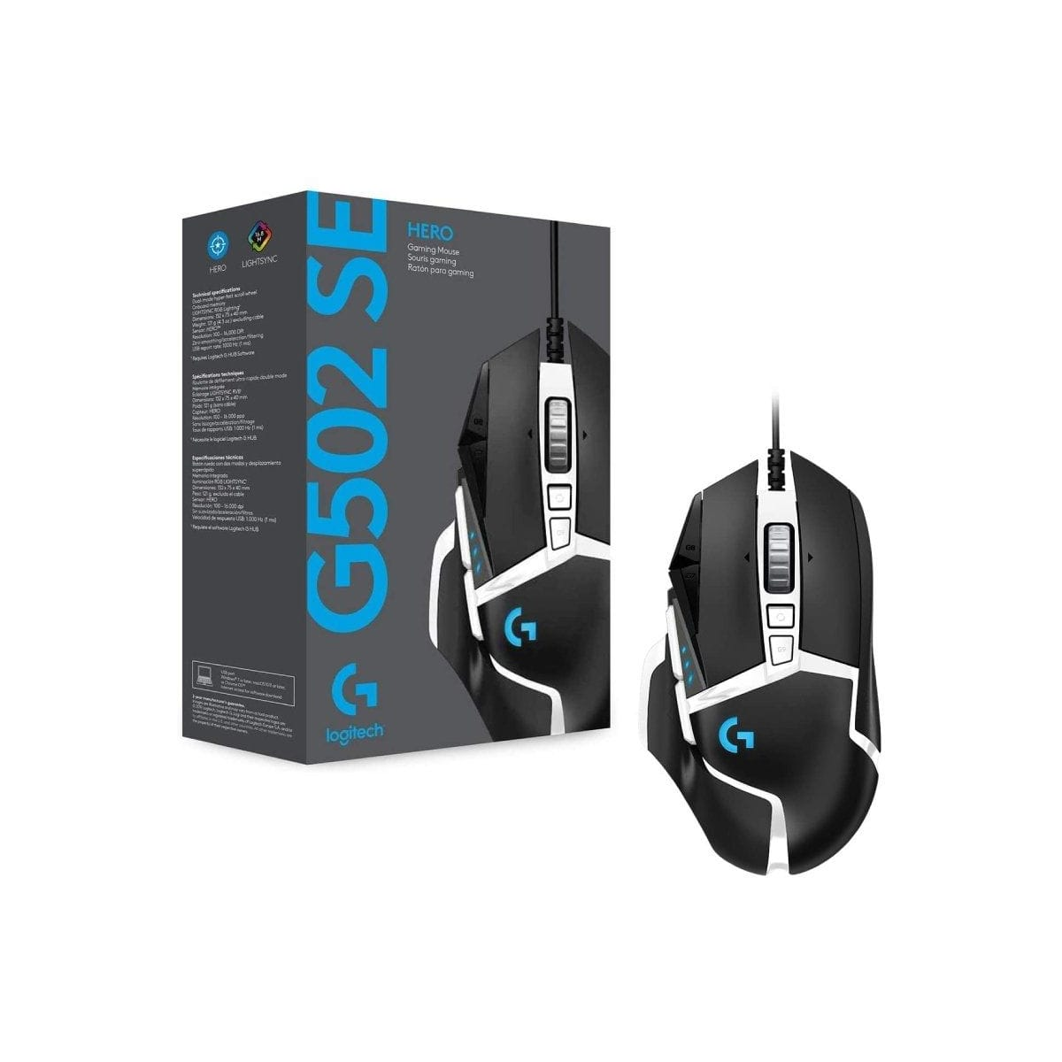 Mysz gamingowa Logitech G502 SE Hero i pudełko, czarno-biały design.