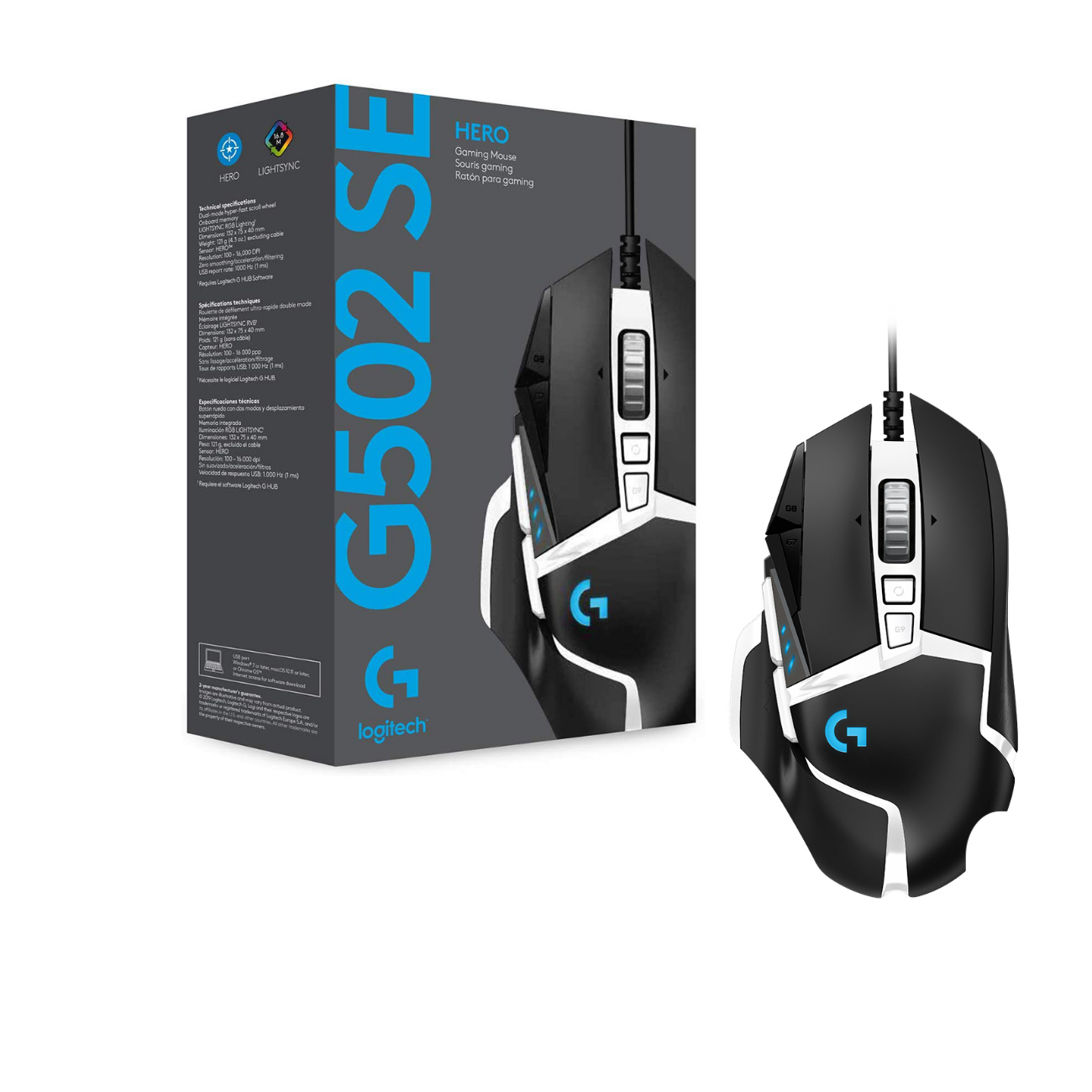 Czarno-biała mysz do gier z pudełkiem. Pudełko wyświetla mysz i specyfikacje produktu.