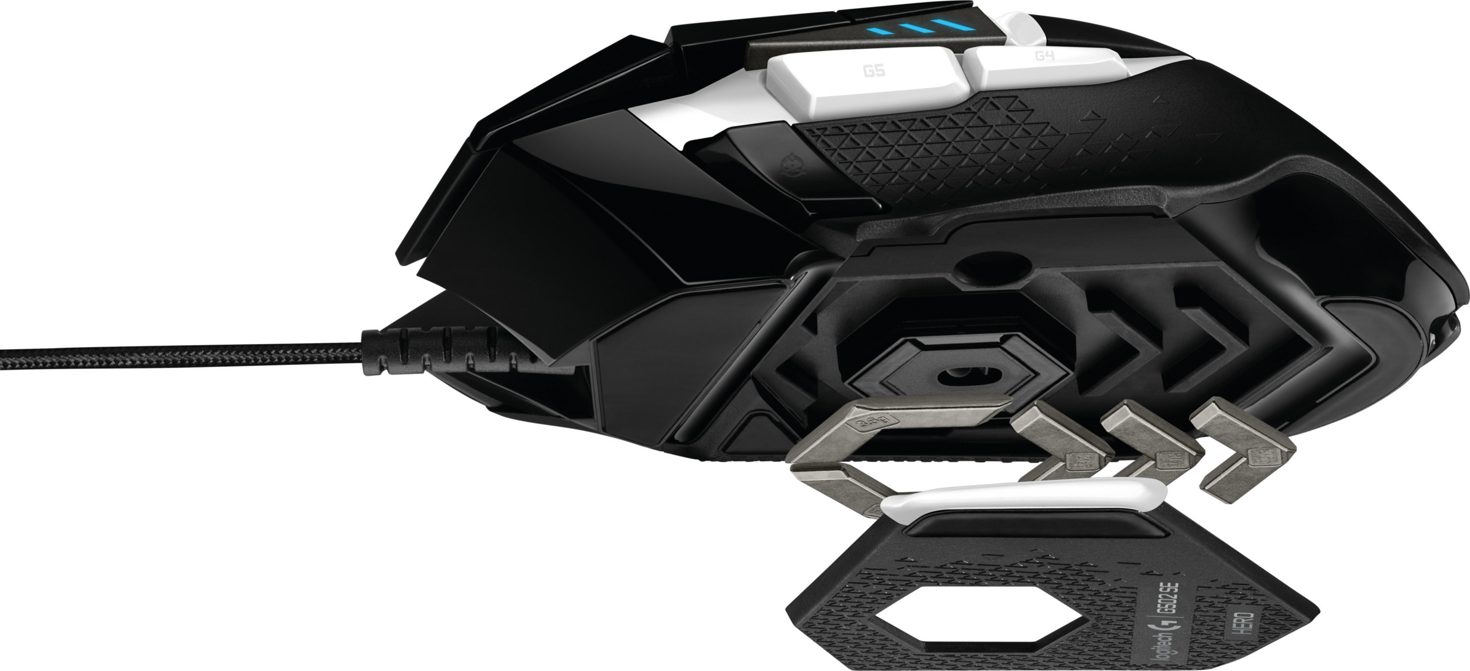 Czarno-biała mysz do gier. Białe przyciski i logo. Szare uchwyty boczne i czarny przewód są widoczne.