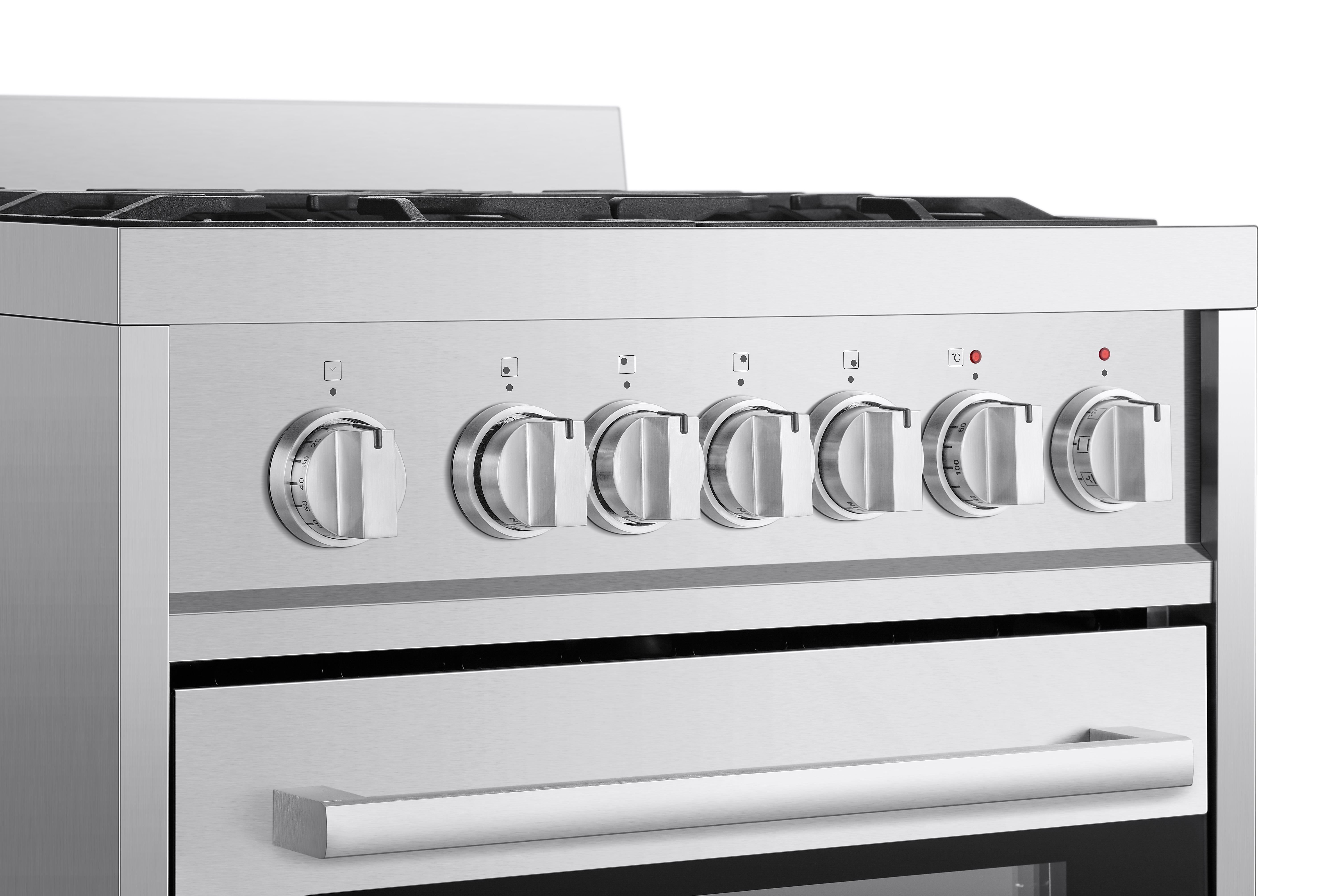 Horno de acero inoxidable con perillas y asa. El horno es blanco con la parte superior negra.