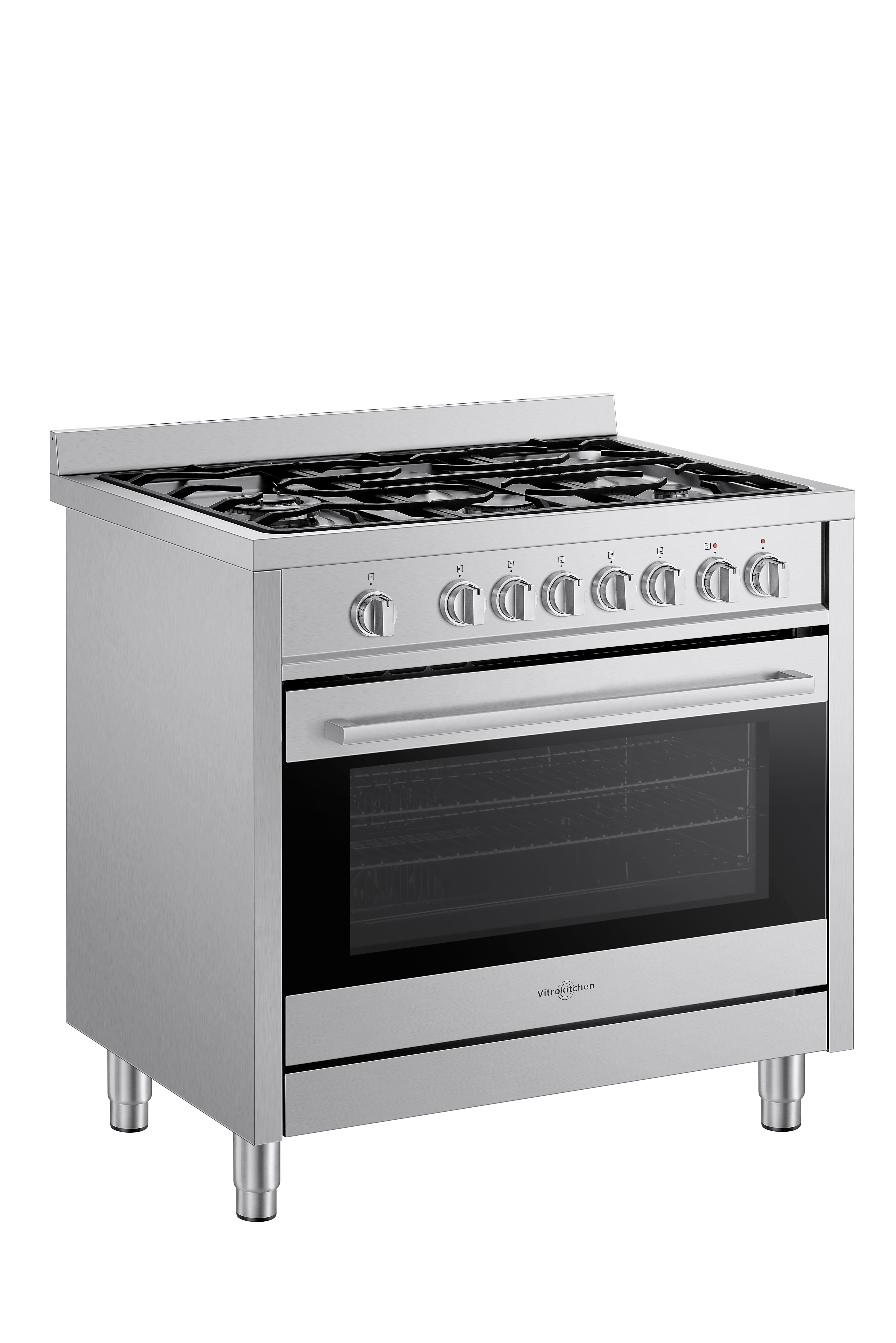 Horno de acero inoxidable con seis quemadores en la parte superior. Tiene puerta de vidrio y cuatro patas.
