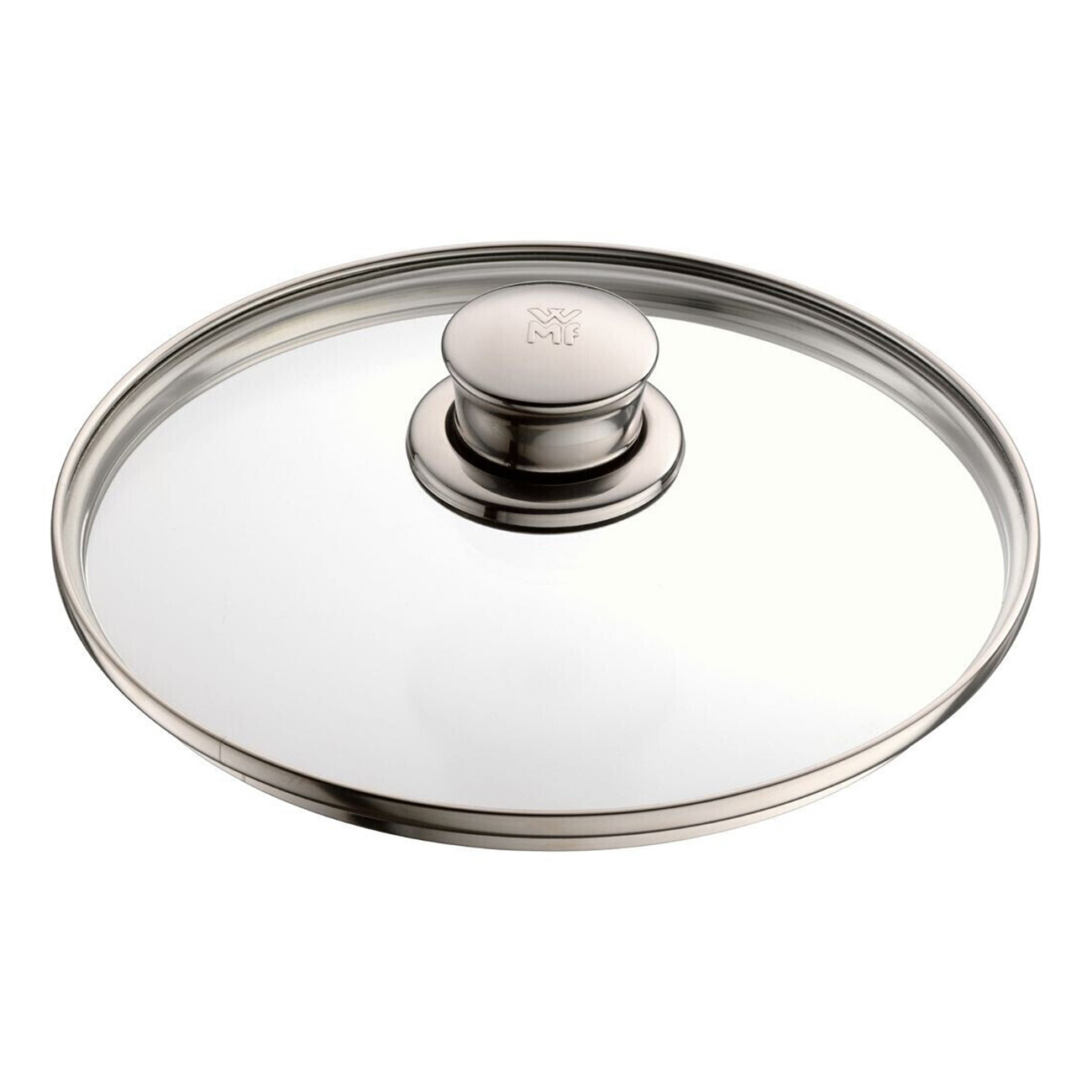 Ein klarer Glasdeckel mit Edelstahlrand und Griff.