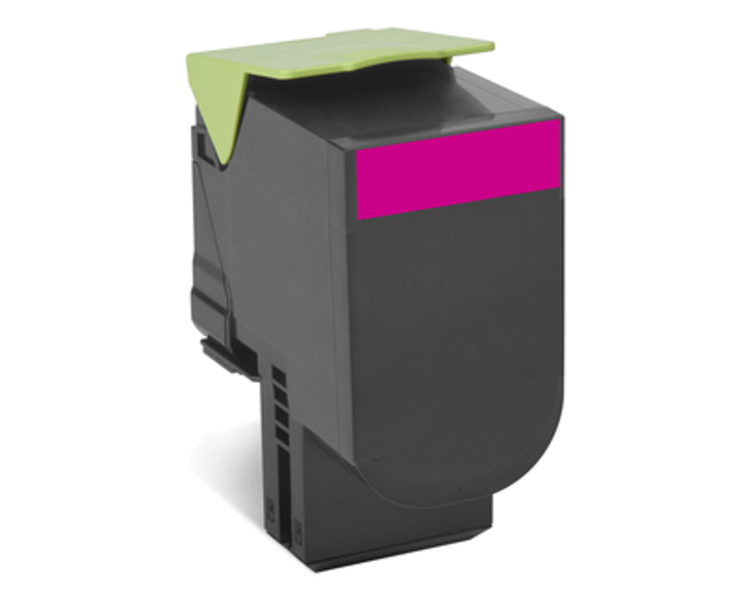 Cartuccia d'inchiostro nera e magenta con parte superiore verde, isolata su sfondo bianco.