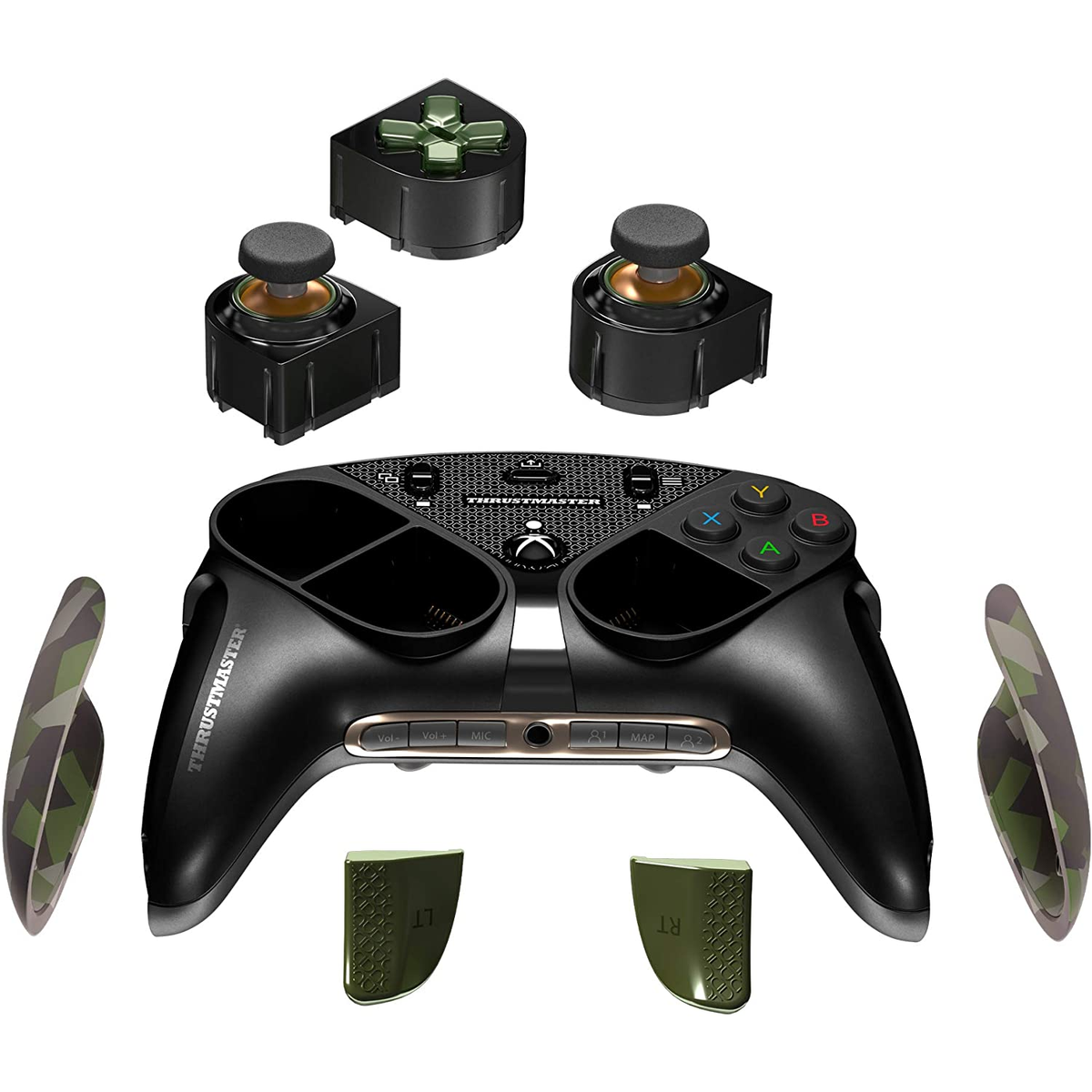Mando de juego negro con palancas adicionales y detalles en camuflaje verde. Incluye cuatro piezas adicionales.