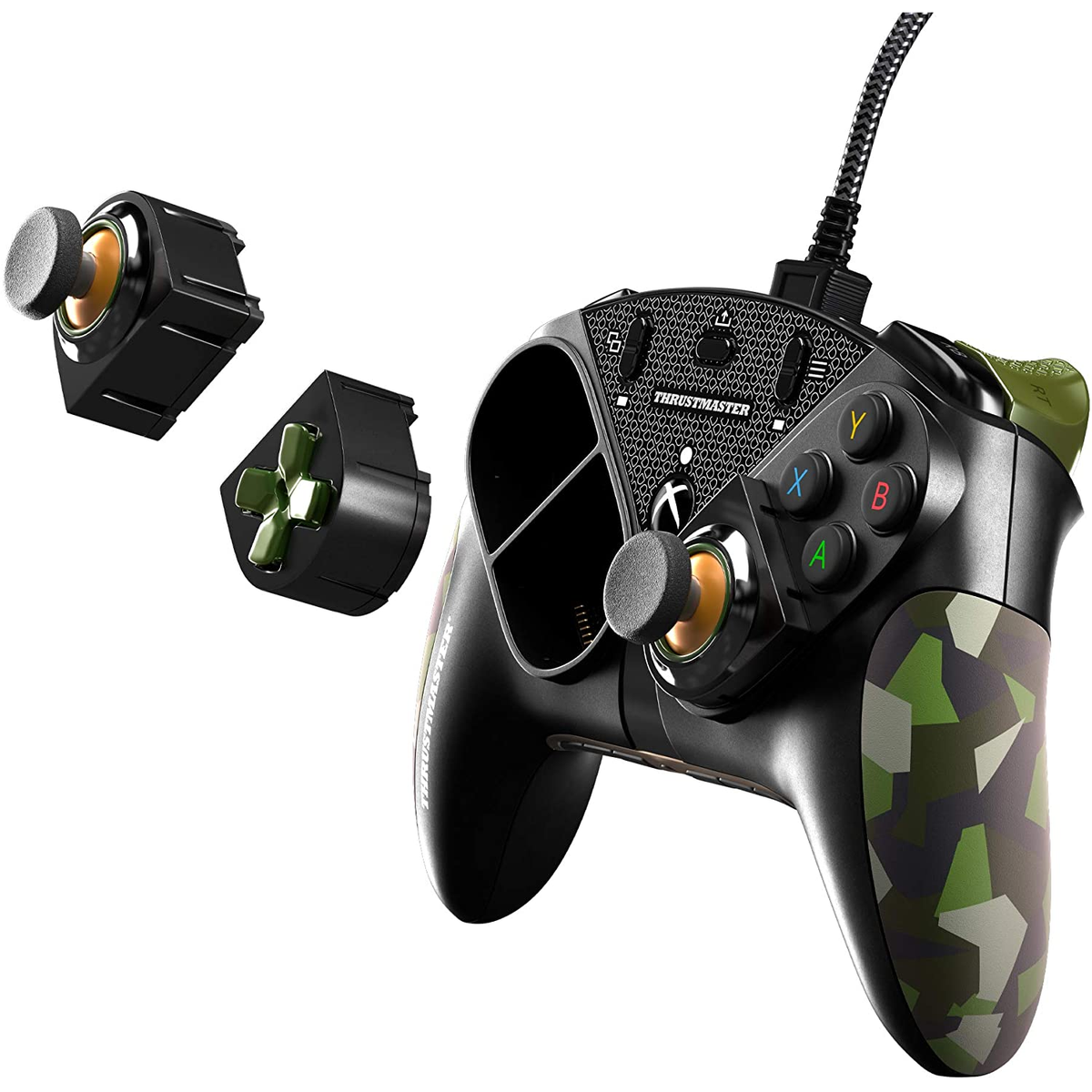 Mando de juego negro y camuflaje con piezas intercambiables y el logo de Thrustmaster.
