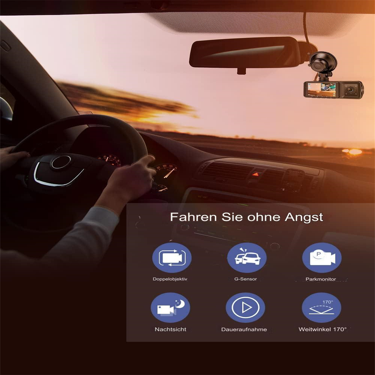 Armaturenbrett mit Dashcam. Symbole für Funktionen: Doppellinse, G-Sensor, Parkmonitor, Nachtsicht.