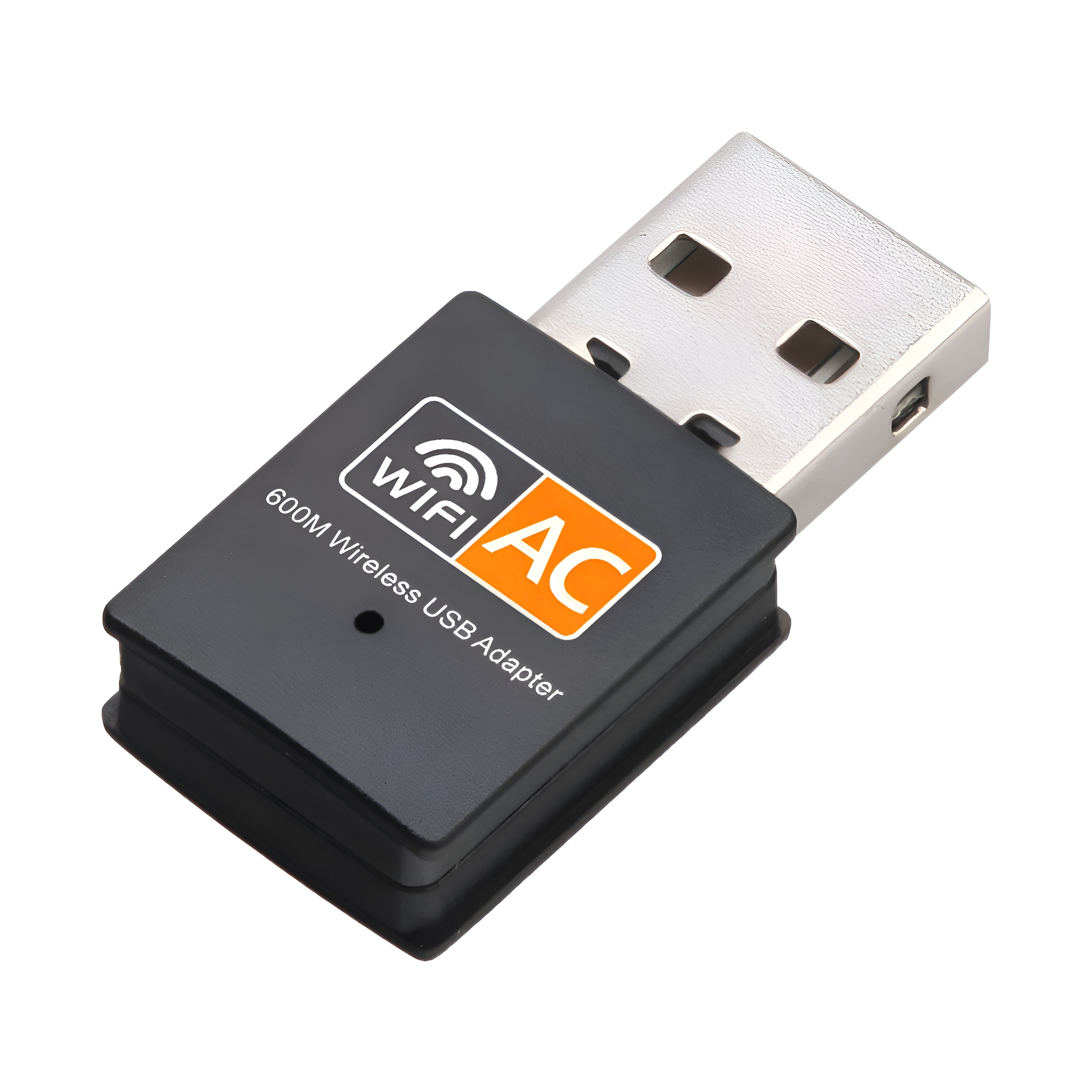 Schwarzer USB-WLAN-Adapter mit AC-Logo. Er ist in einen USB-Anschluss gesteckt, weißer Hintergrund.
