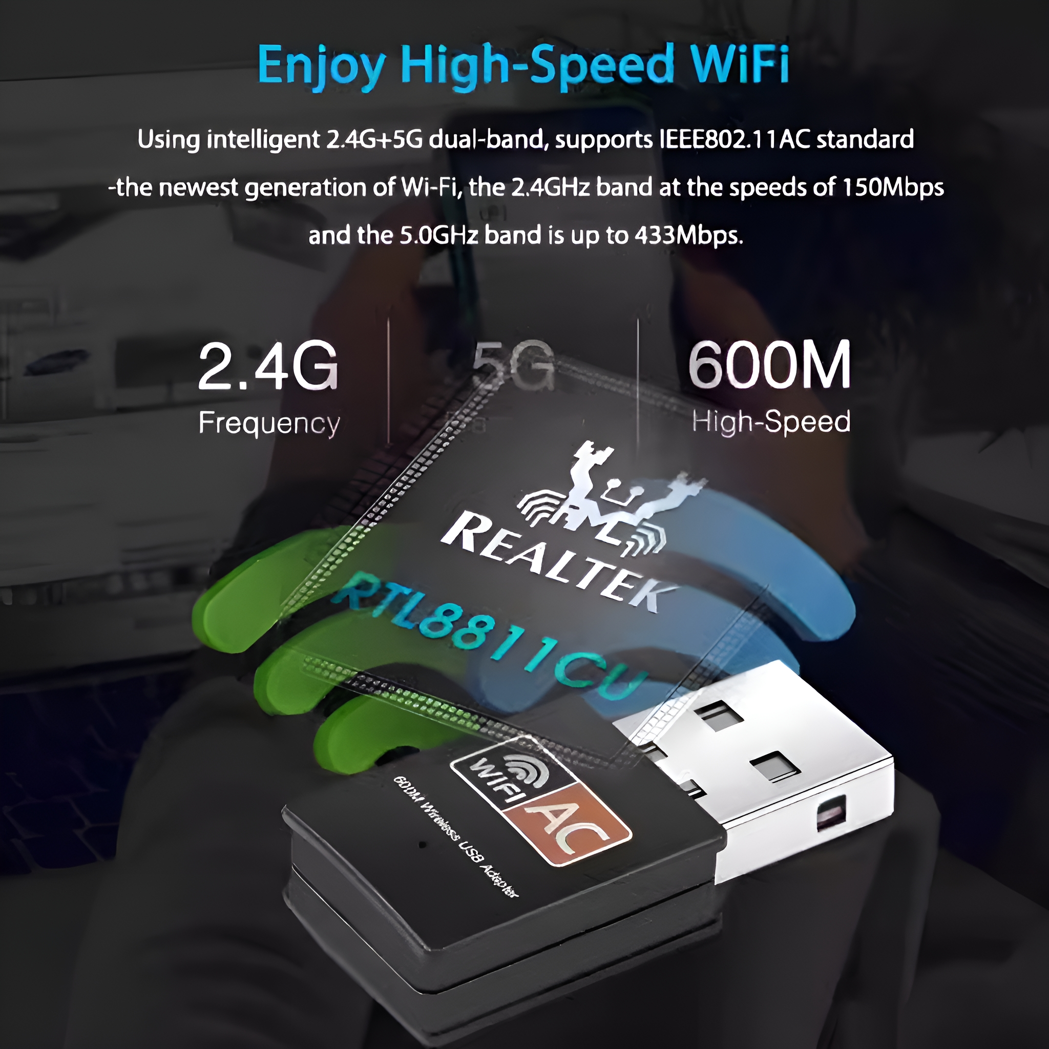 Ein Gerät mit dem Text 'Enjoy High-Speed WiFi'. Es zeigt 2,4G- und 5G-Bänder sowie einen USB-Adapter.