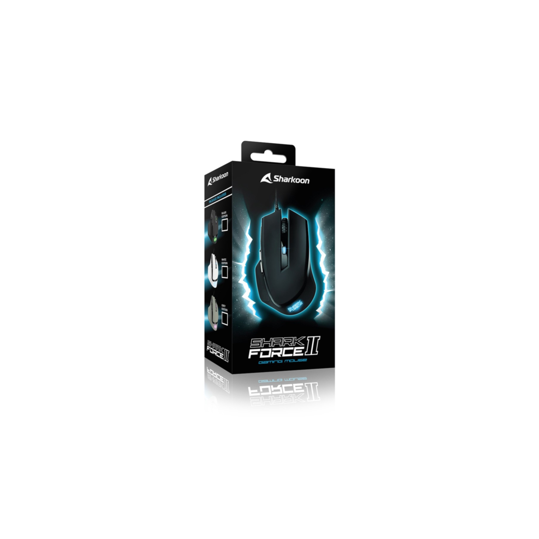 Maus in einer Box mit blauem Leucht-Design. Die Box ist mit Sharkoon und Shark Force II beschriftet.