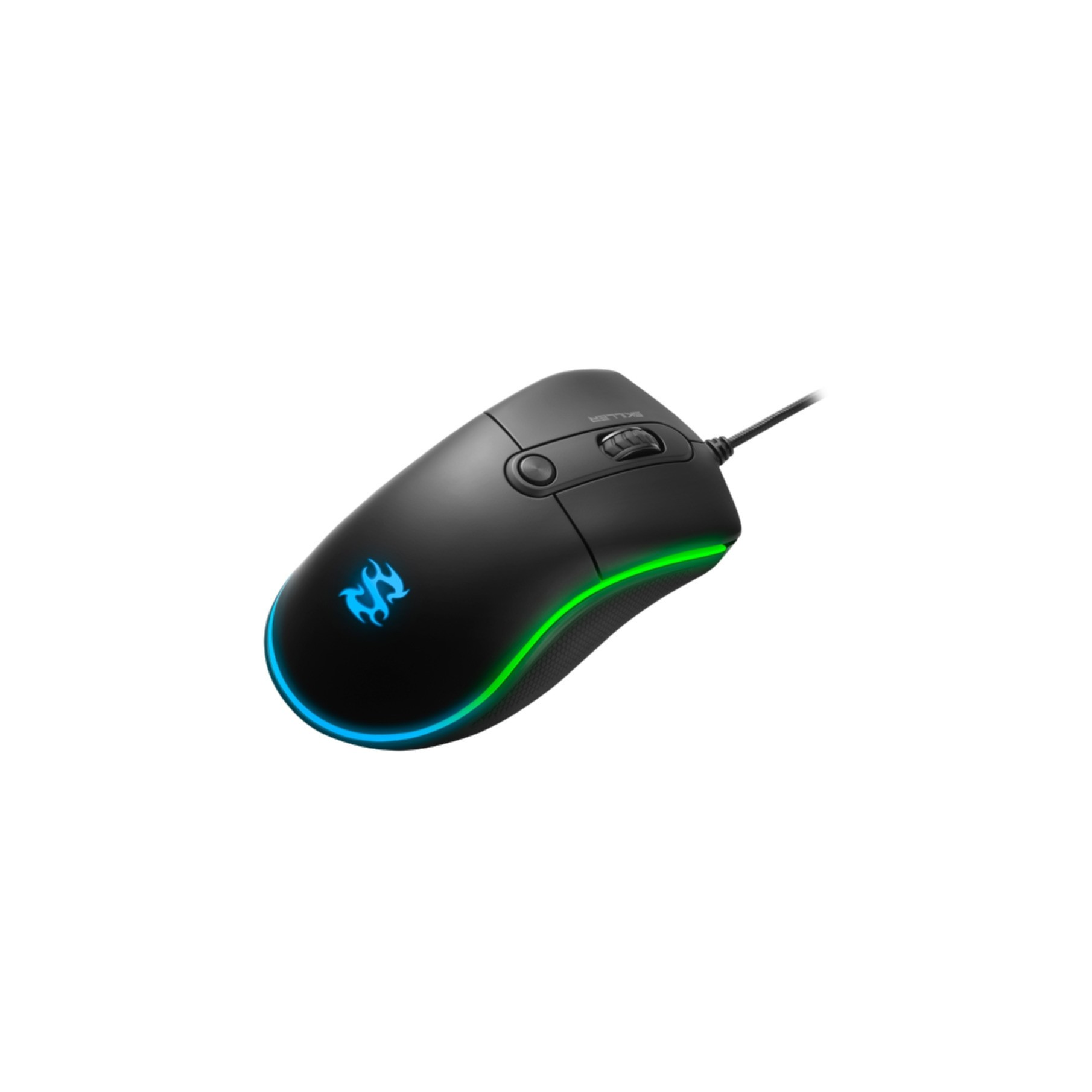 Black computer mouse with blue and green lighting. It has a scroll wheel and a logo.