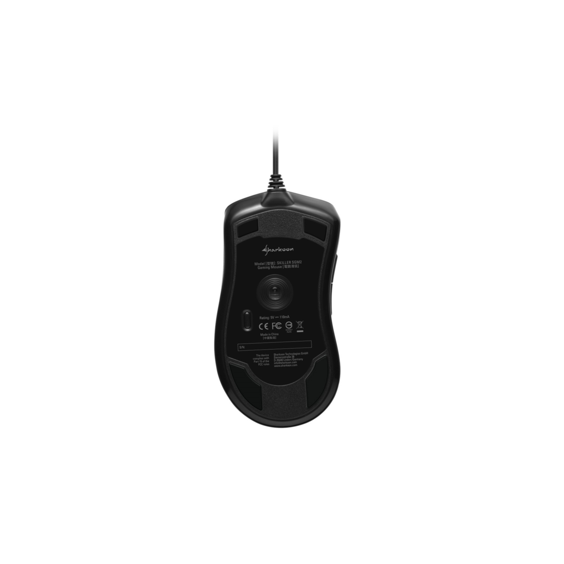 A black gaming mouse, viewed from the bottom. The bottom has various markings and a cable attached.