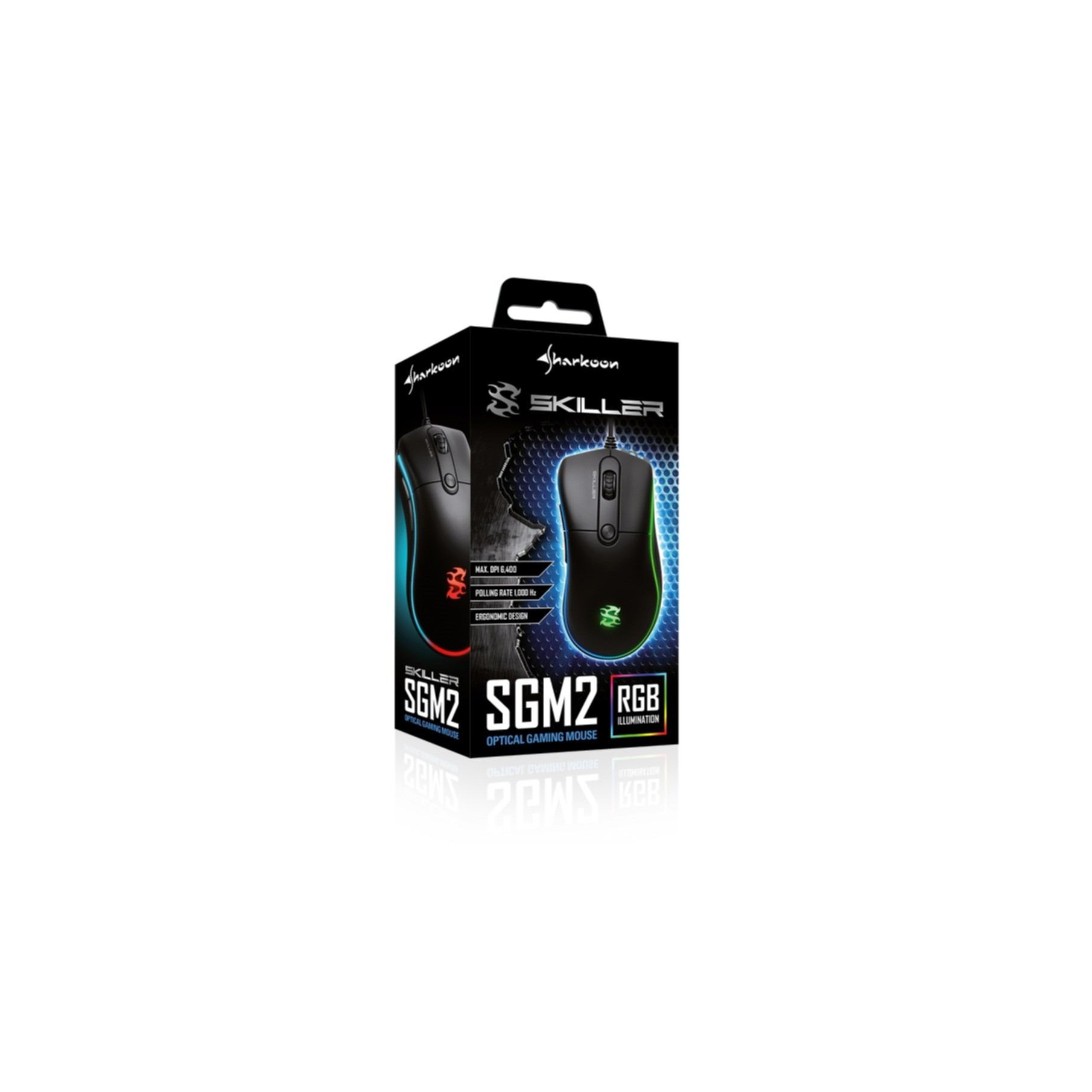 Black gaming mouse in box. The box has brand name and mouse image, and highlights features.