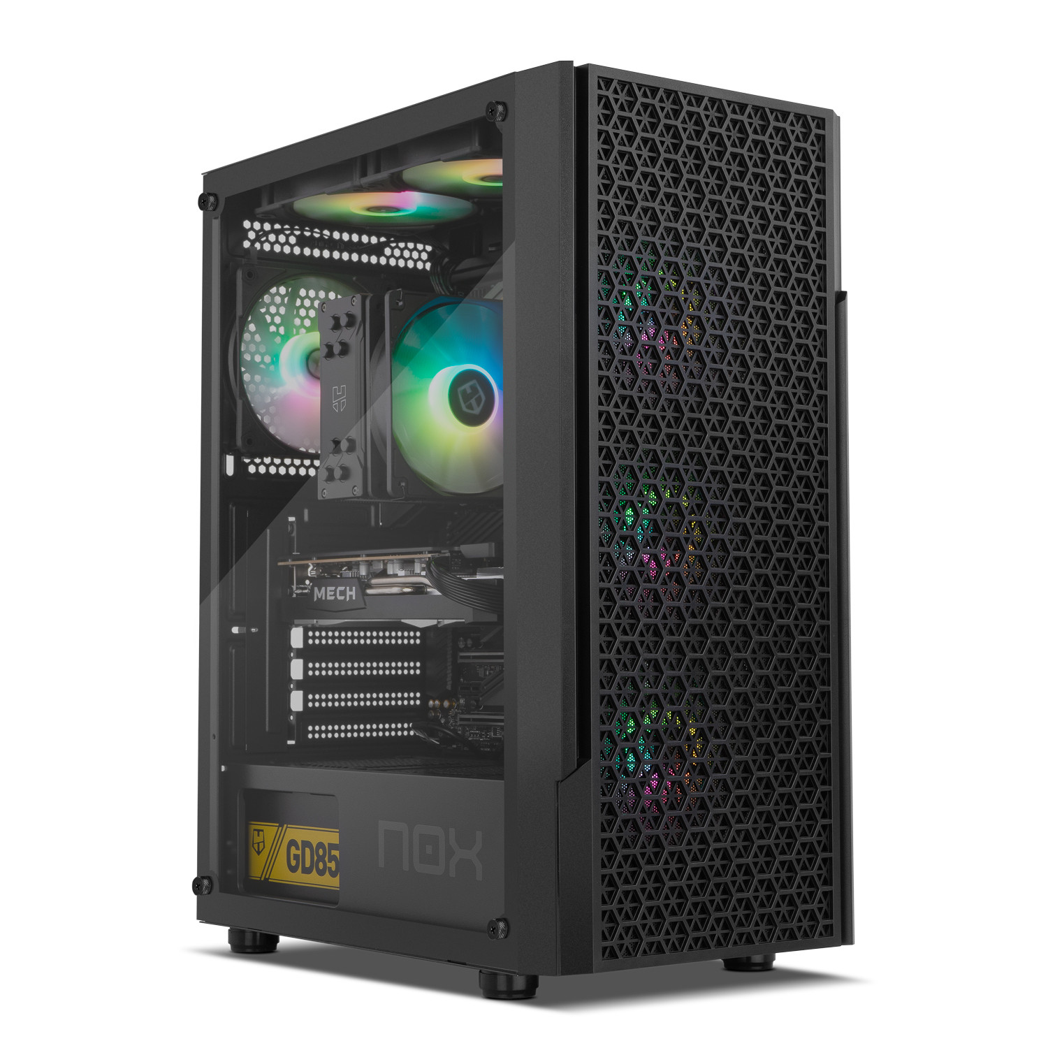 Carcasa de PC negra con frontal de malla, panel lateral de vidrio, ventiladores y componentes internos, iluminación RGB.