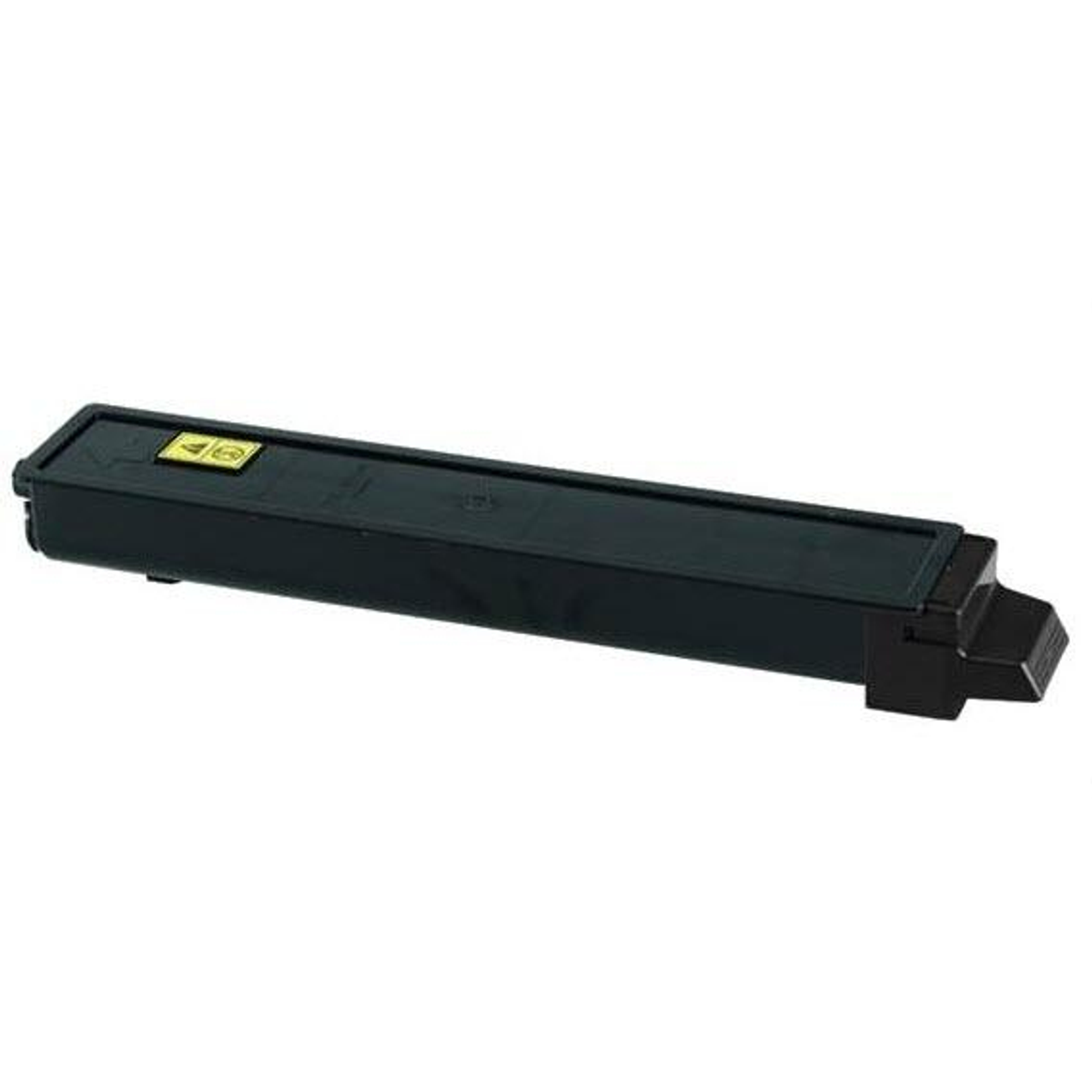 Zwarte printer tonercartridge met een geel label. Witte achtergrond.