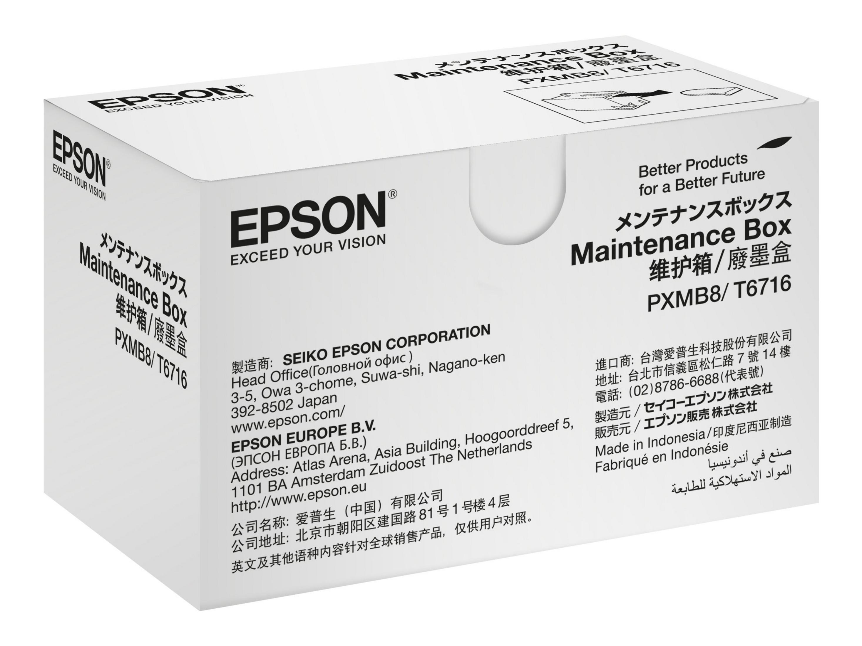 Epson Wartungsbox-Verpackung mit Text in mehreren Sprachen und einem Produktbild.