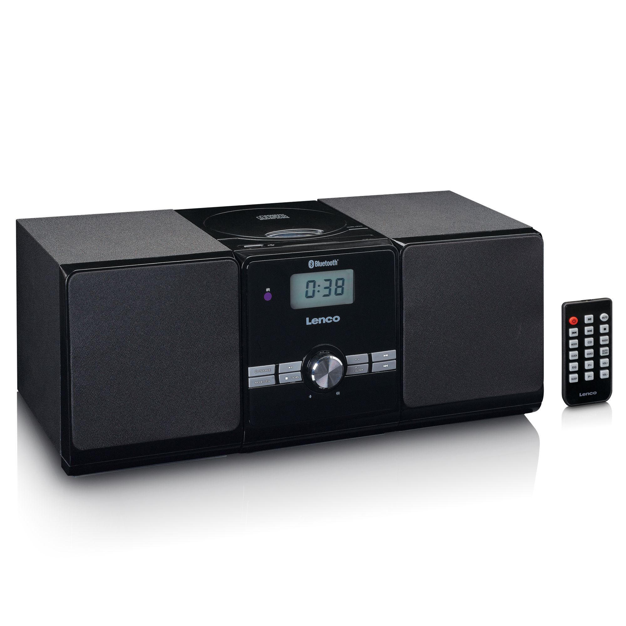 Impianto stereo nero con lettore CD, altoparlanti e telecomando.