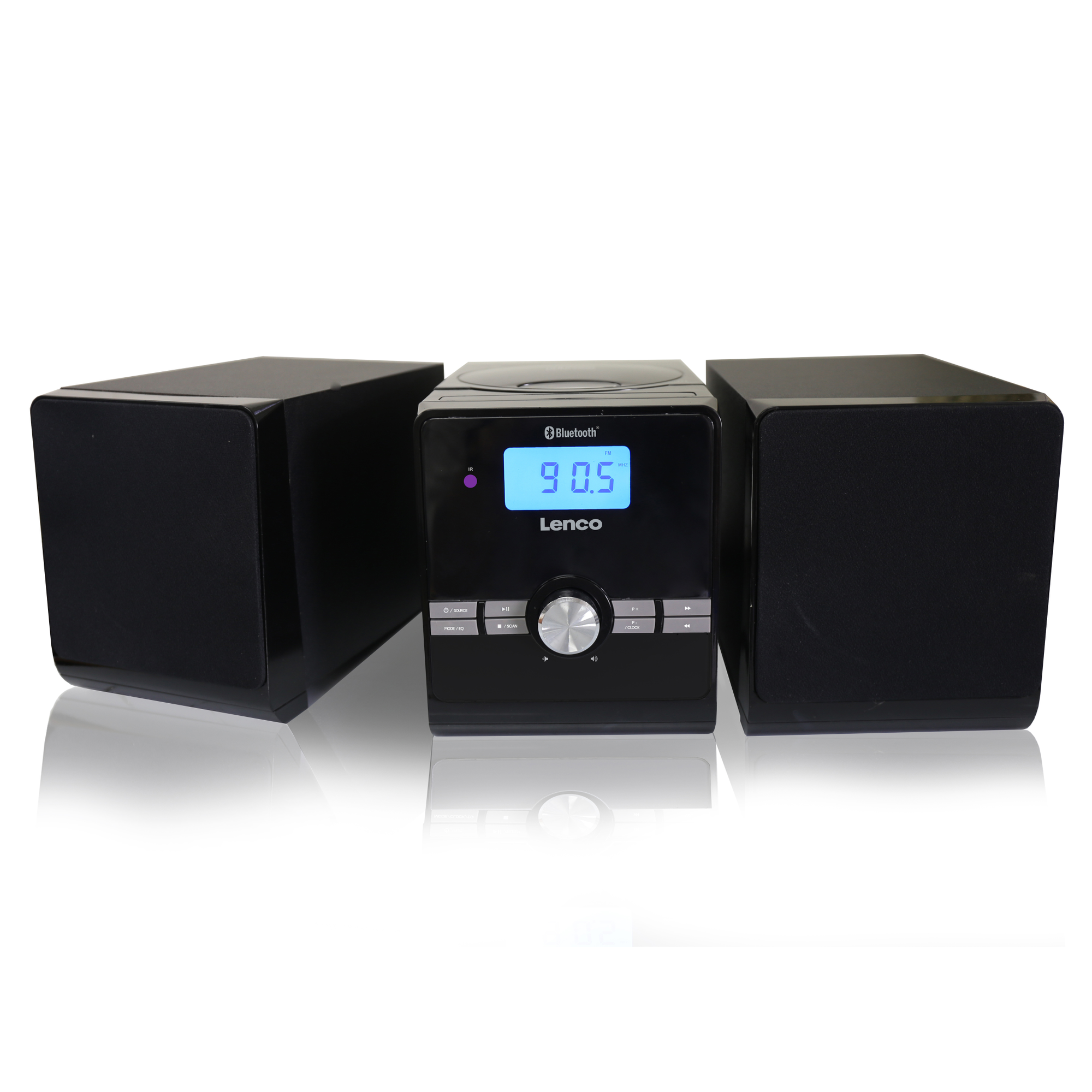 Uno stereo Lenco nero con due altoparlanti, un lettore CD e un display digitale. Lo sfondo è bianco.