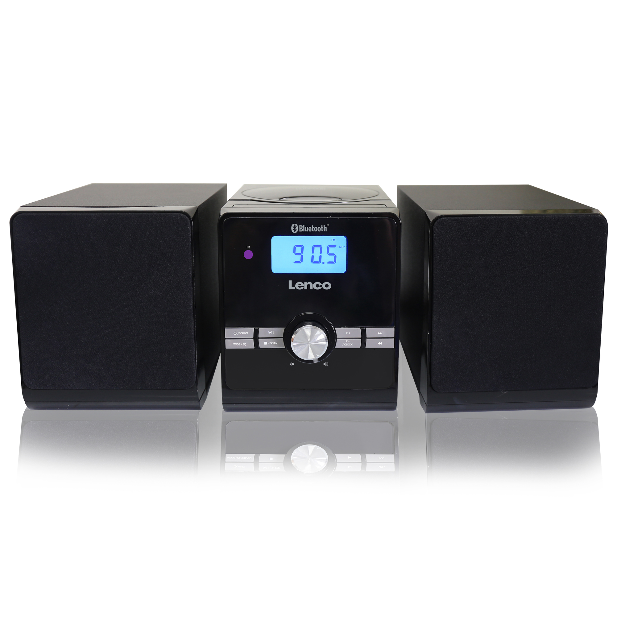 Un sistema stereo nero con due altoparlanti e un'unità centrale. Il display mostra '90.5'.