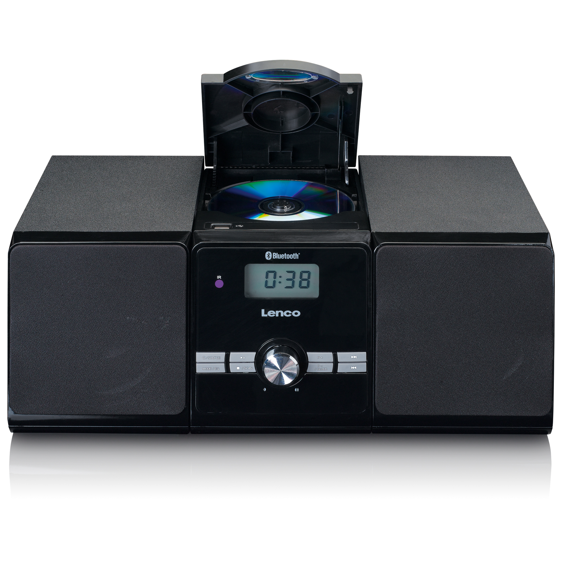 Lettore CD/stereo Lenco nero con altoparlanti laterali. Vassoio CD aperto. Display digitale.