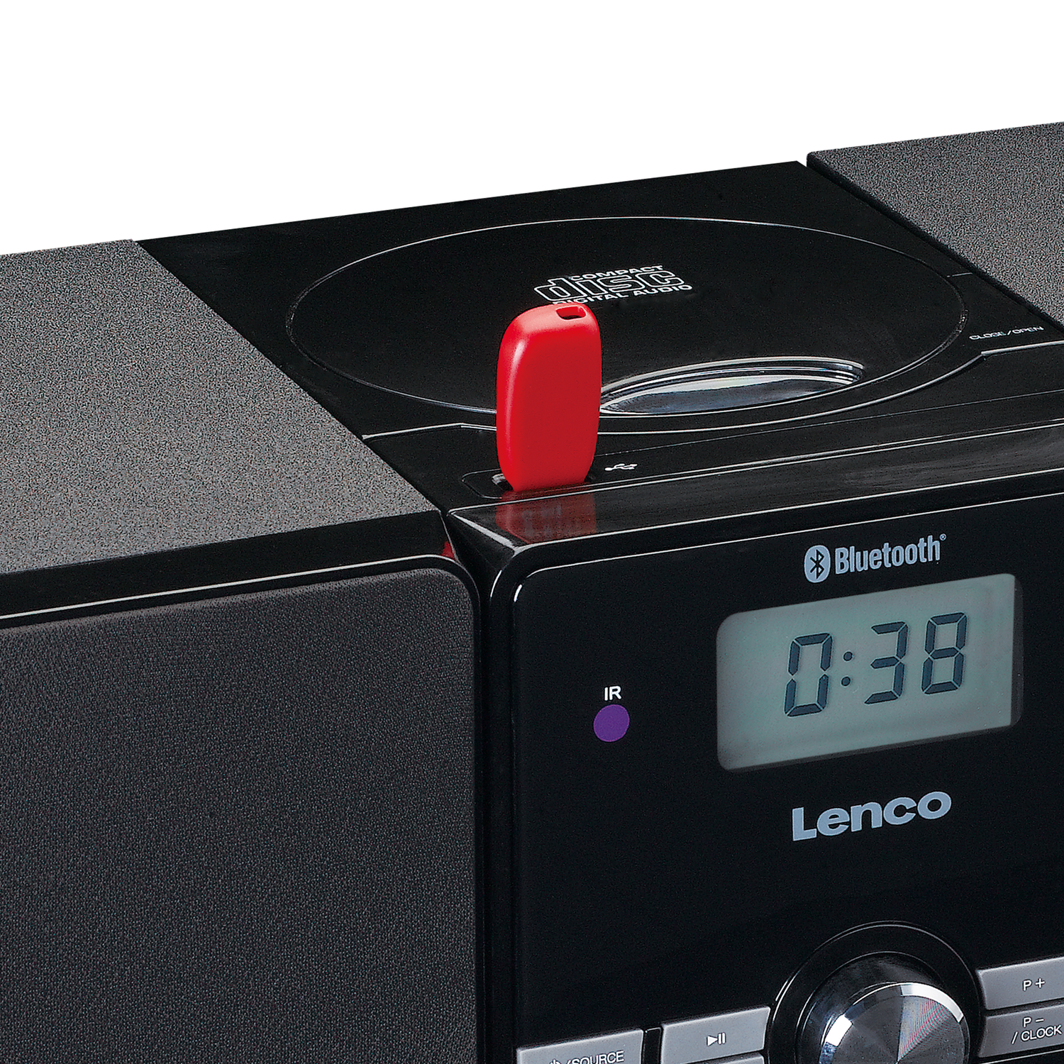 Impianto stereo Lenco nero con lettore CD, porta USB e display orologio digitale.