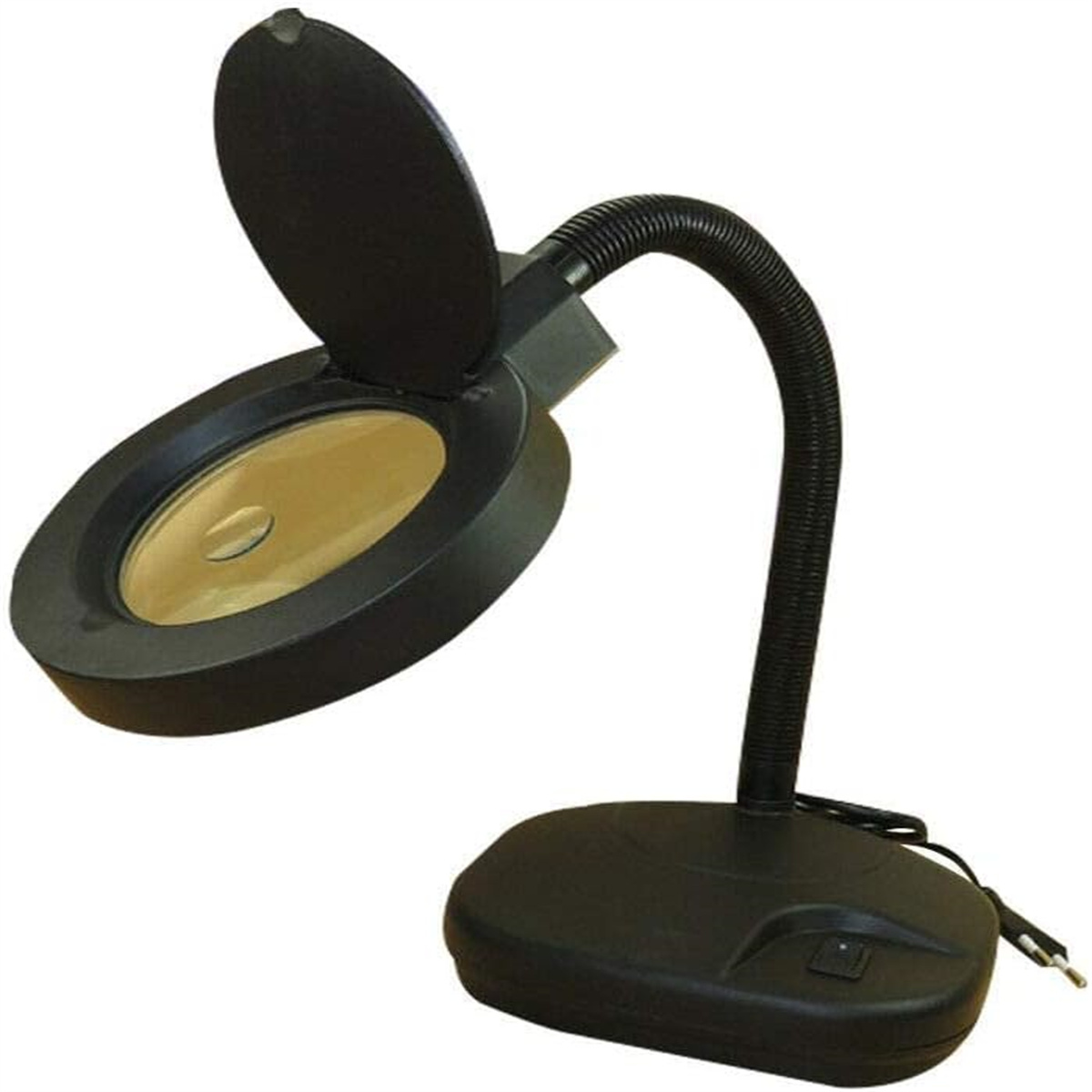 Schwarze Lupe mit flexiblem Hals und Sockel.