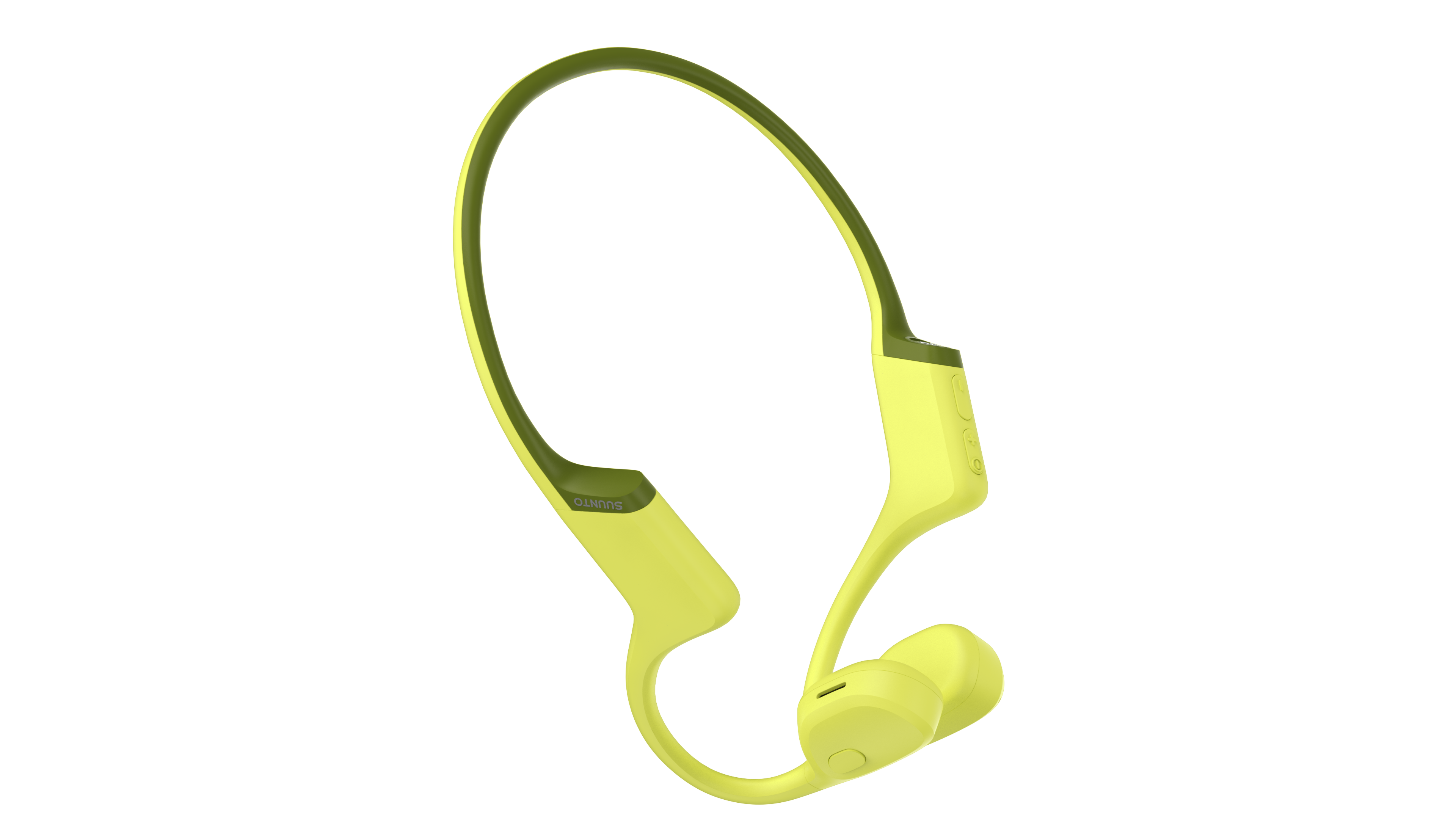 Żółto-zielone słuchawki kostne o zakrzywionej konstrukcji, na czarnym tle.