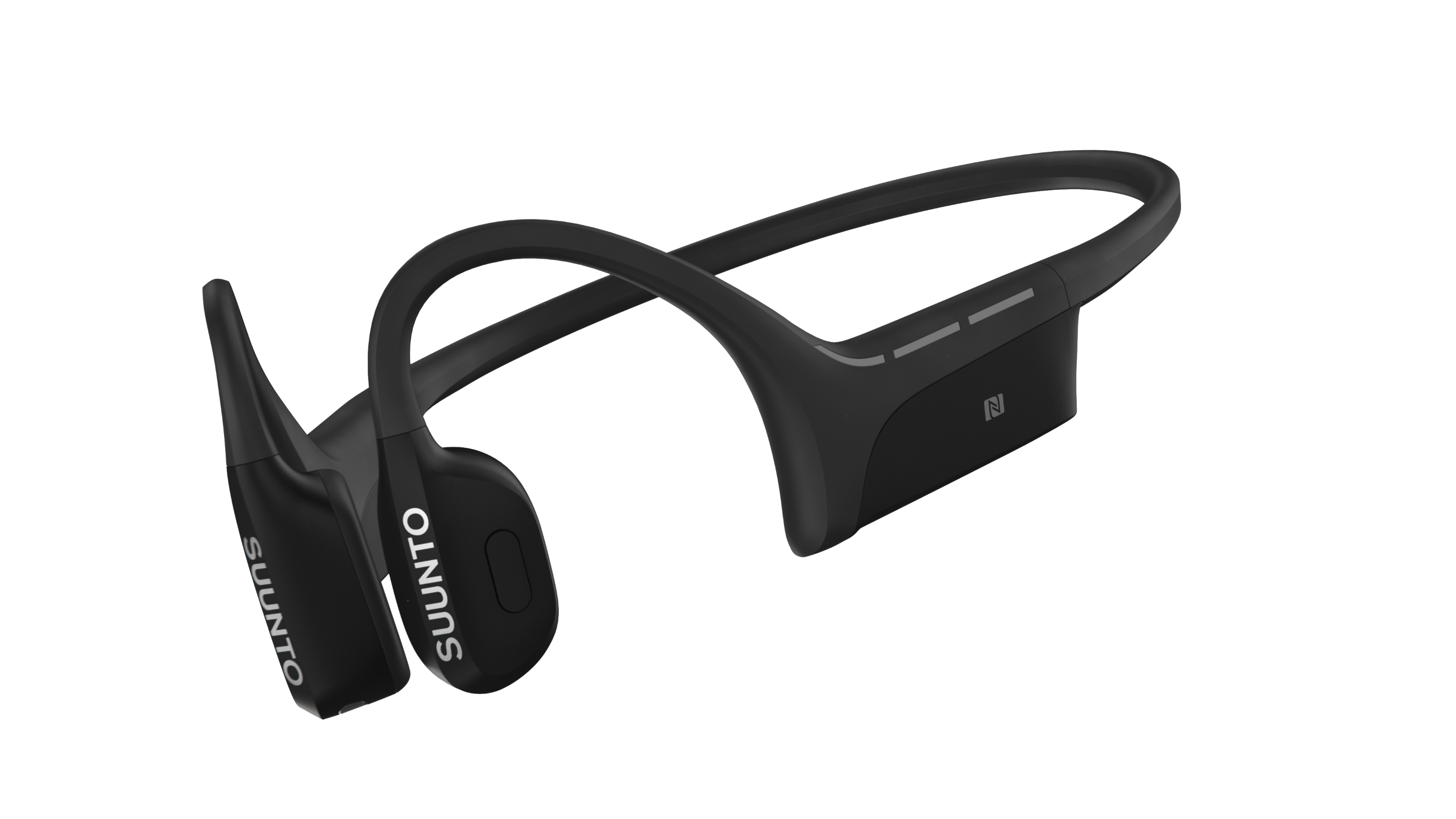 Czarne słuchawki kostne Suunto na czarnym tle. Widoczna jest nazwa marki.