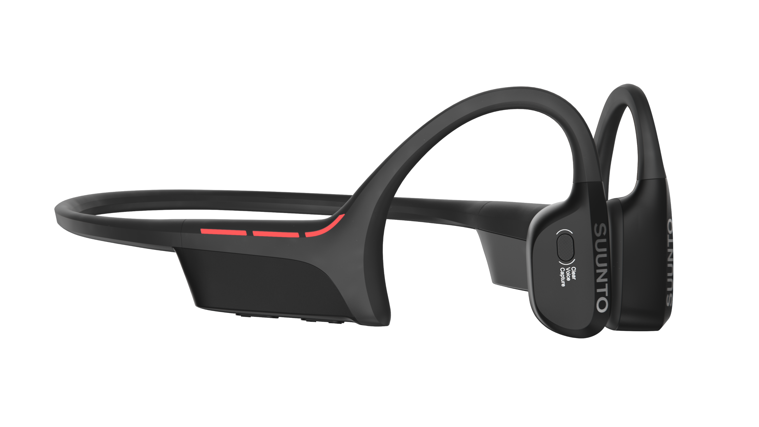 Czarne słuchawki przewodnictwa kostnego. Czarne tło.