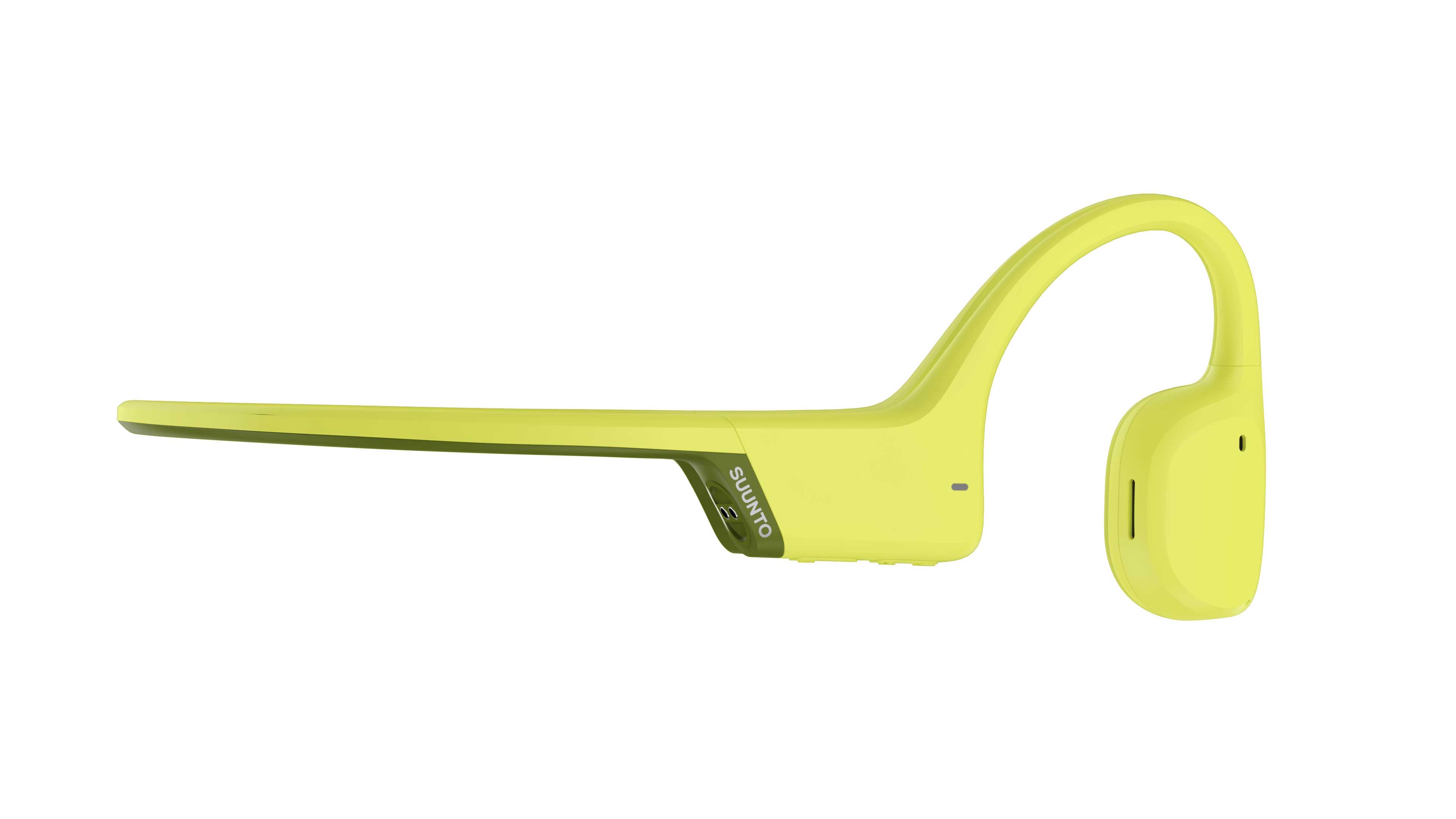 Żółte słuchawki przewodnictwa kostnego o zakrzywionej konstrukcji, spoczywające na czarnej powierzchni.